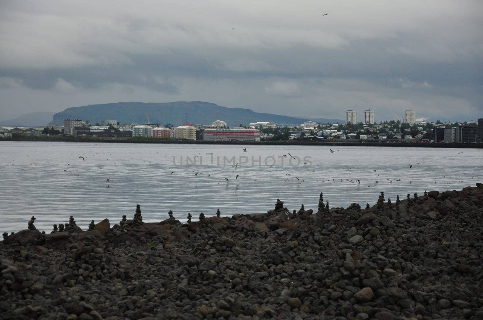 Stone towers on the shore in Reykjavik, Iceland with flock of birds flying by