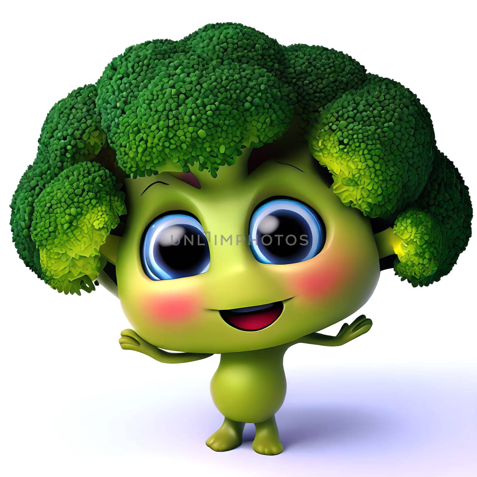 Cute cartoon 3d character of smiling green ripe broccoli, digitally generated illustration