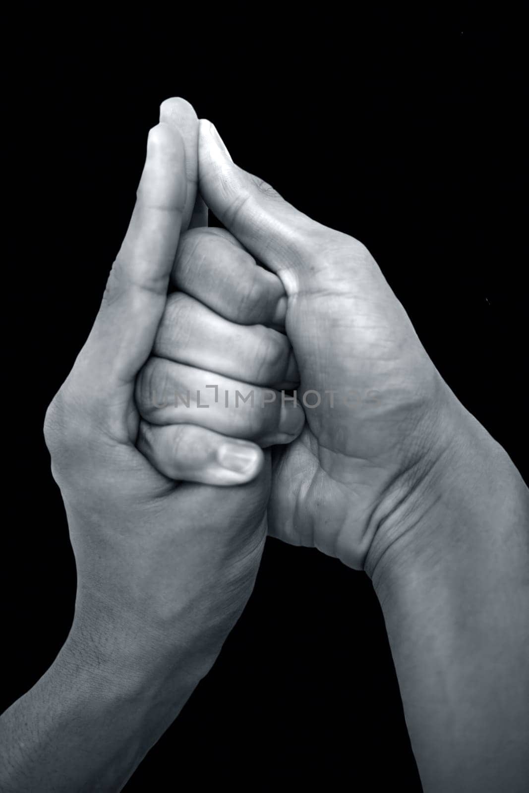 Shot of male hands doing Shankh mudra isolated on black background.