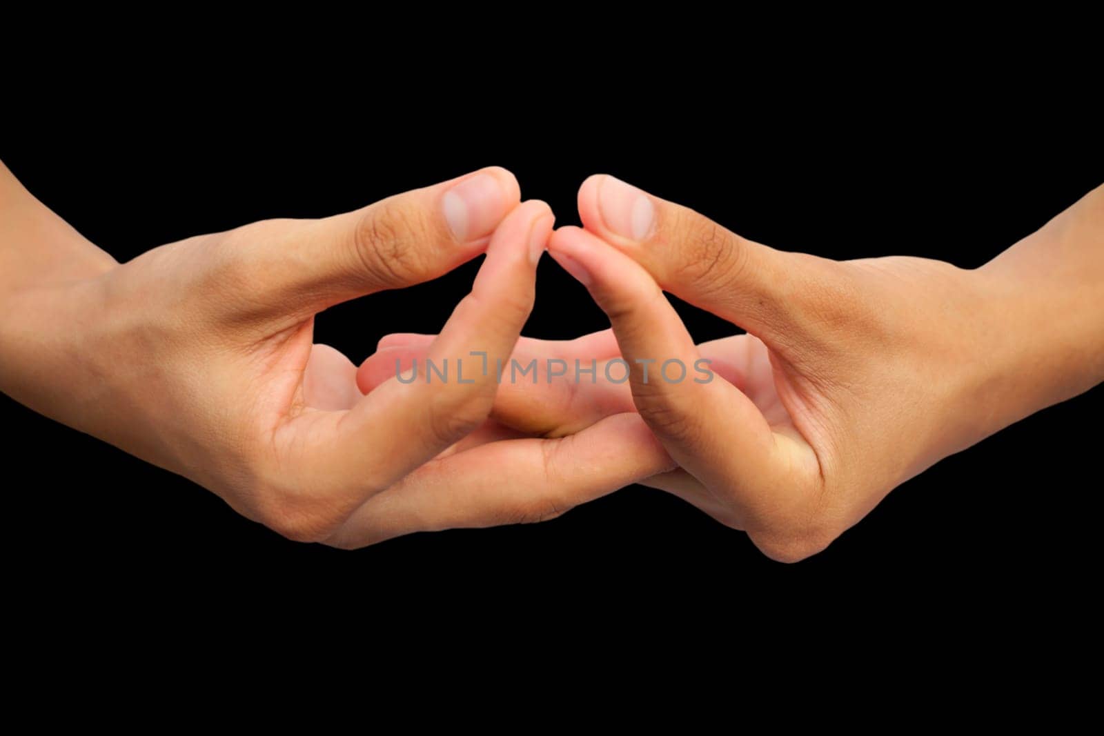 Mida-no Jouin Mudra demonstrated by male hands isolated on black background. by mirzamlk