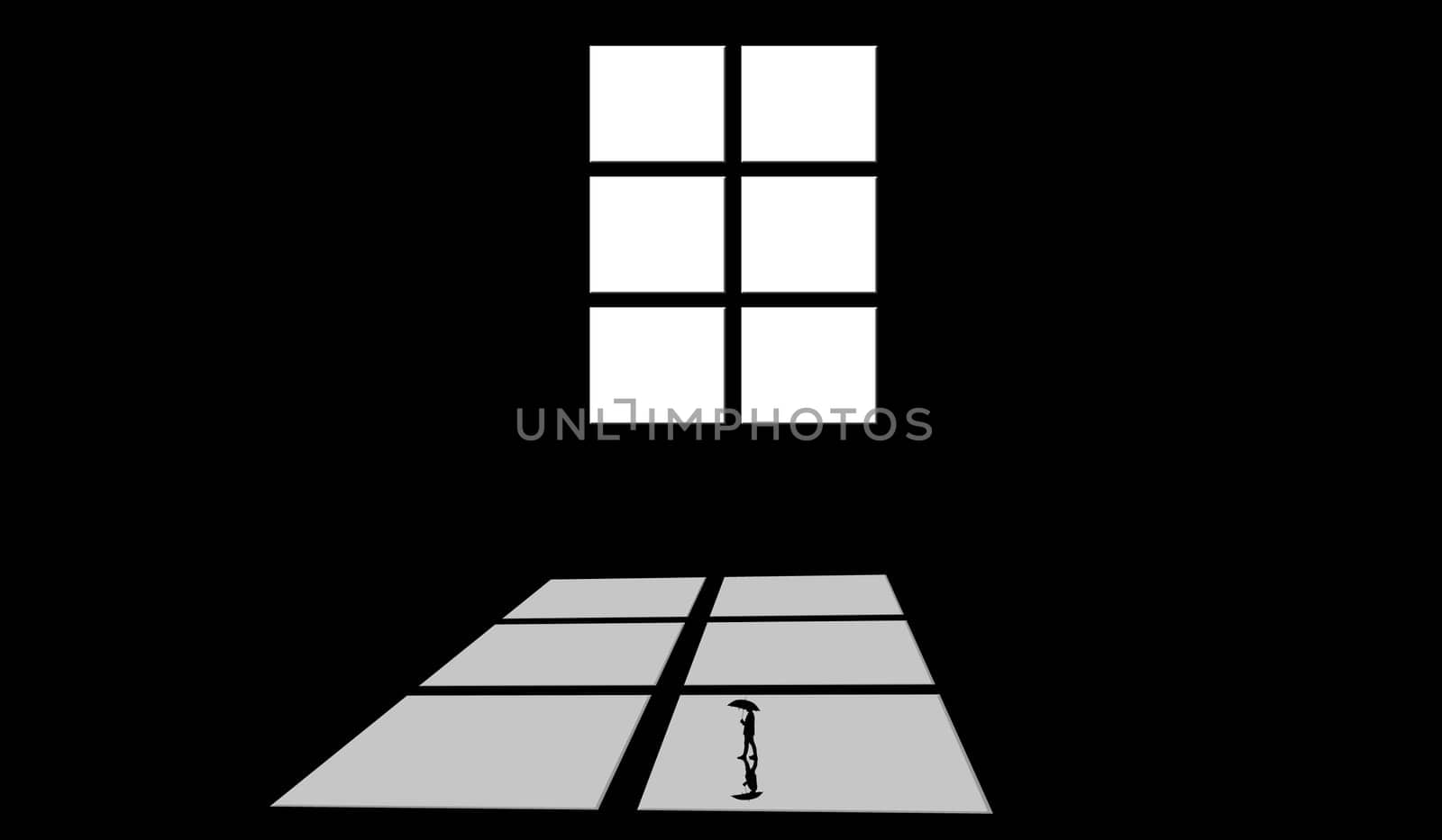 Minimalistic shot of a huge window with sunlight coming out of it and a man with an umbrella crossing by the scene. Shot in monochromatic colors. by mirzamlk