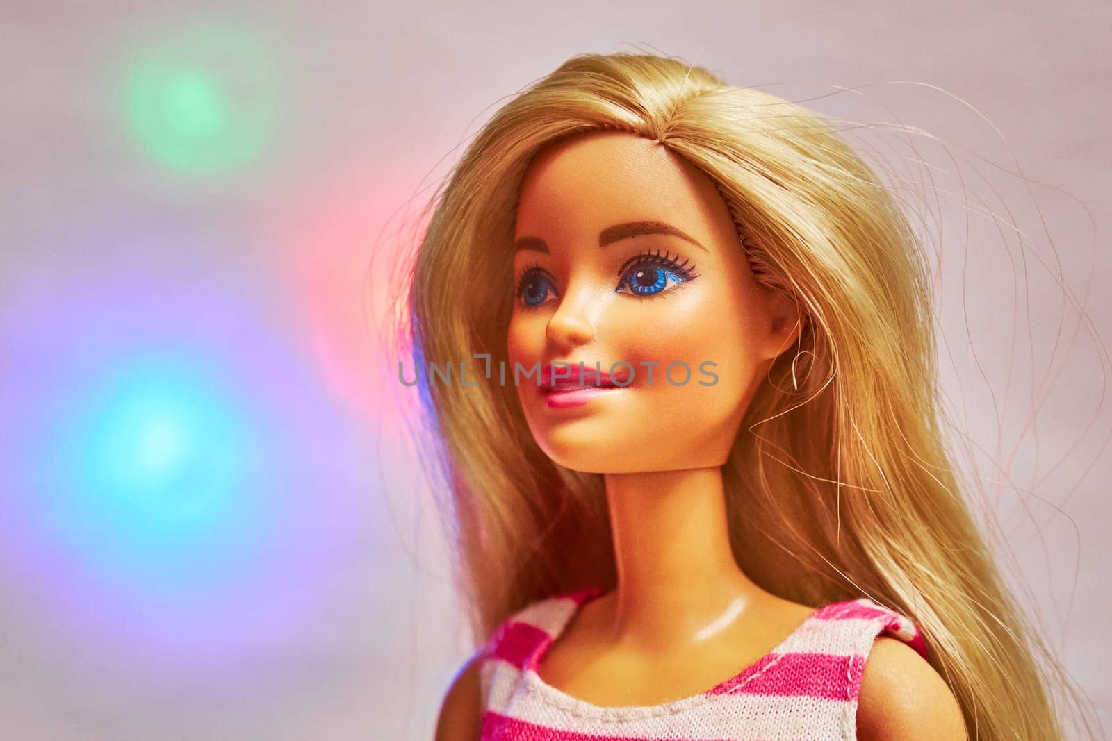Ryazan, Russia - February 10, 2023: Barbie doll head close-up. The most popular doll in the world