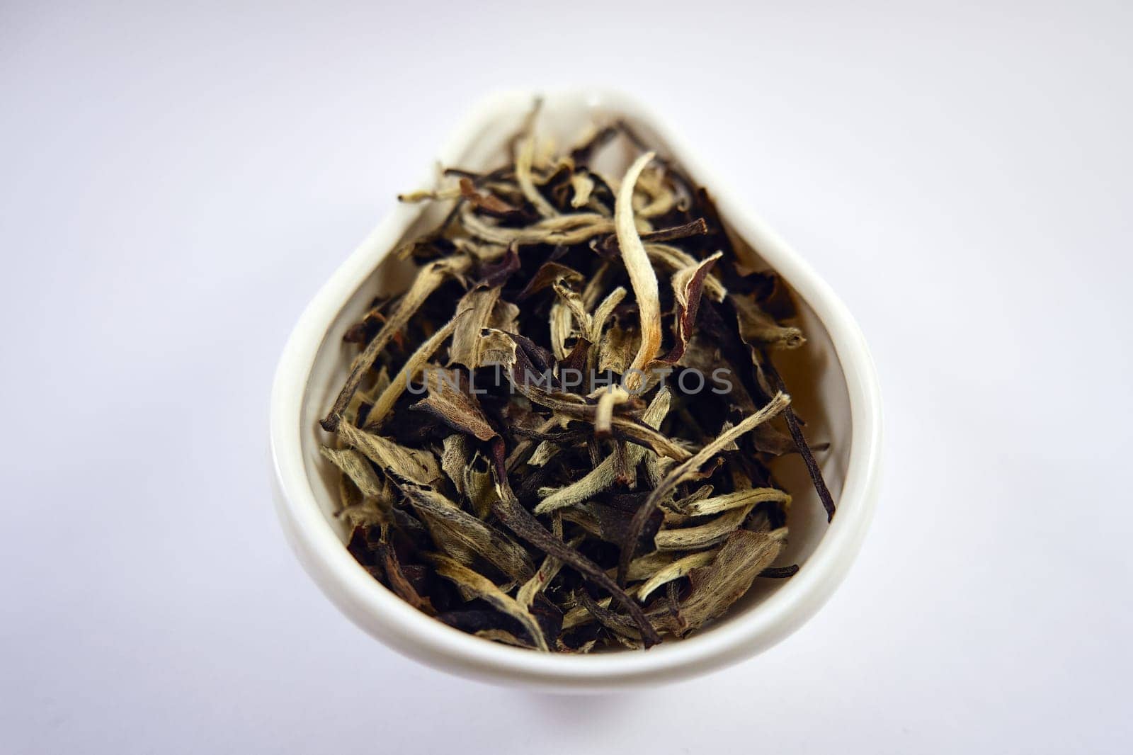 Dry Chinese white tea in a white porcelain bowl close-up. Selective focus