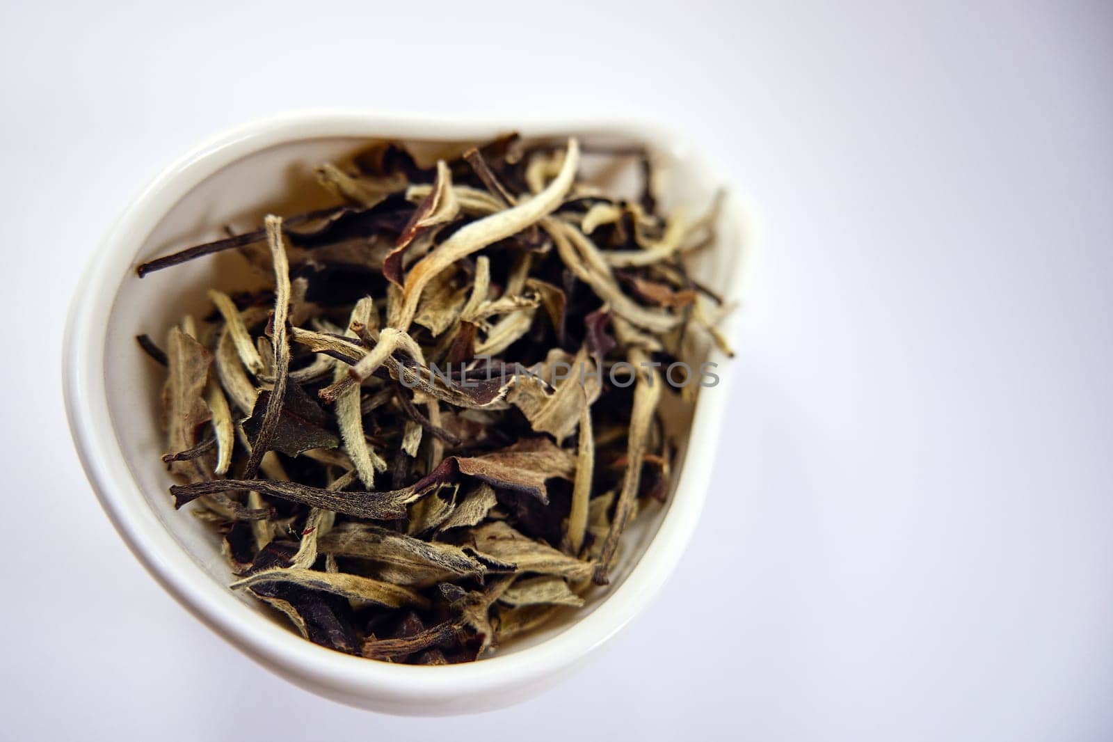 Dry Chinese white tea in a porcelain bowl close-up