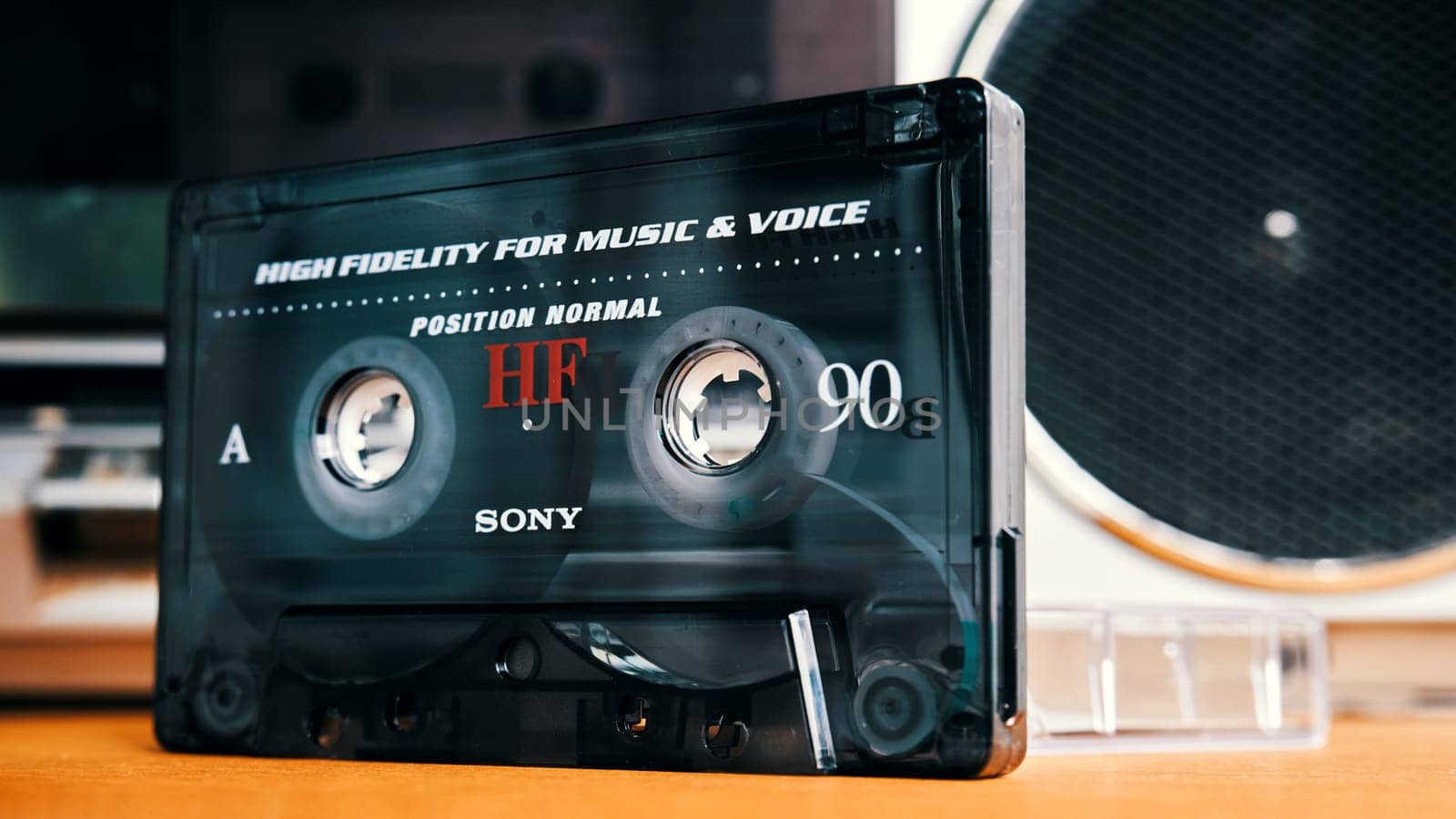 Ryazan, Russia - July 17, 2022: Sony audio cassette close-up. Analogue audio recording on magnetic tape. Compact cassette on the background of a tape recorder