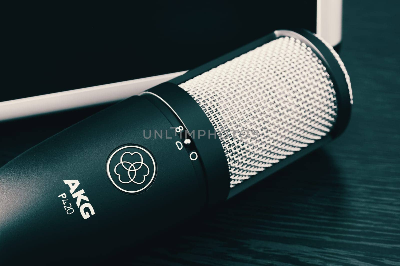 Ryazan, Russia - September 15, 2022: AKG condenser microphone close-up. AKG Acoustics is an acoustics engineering and manufacturing company