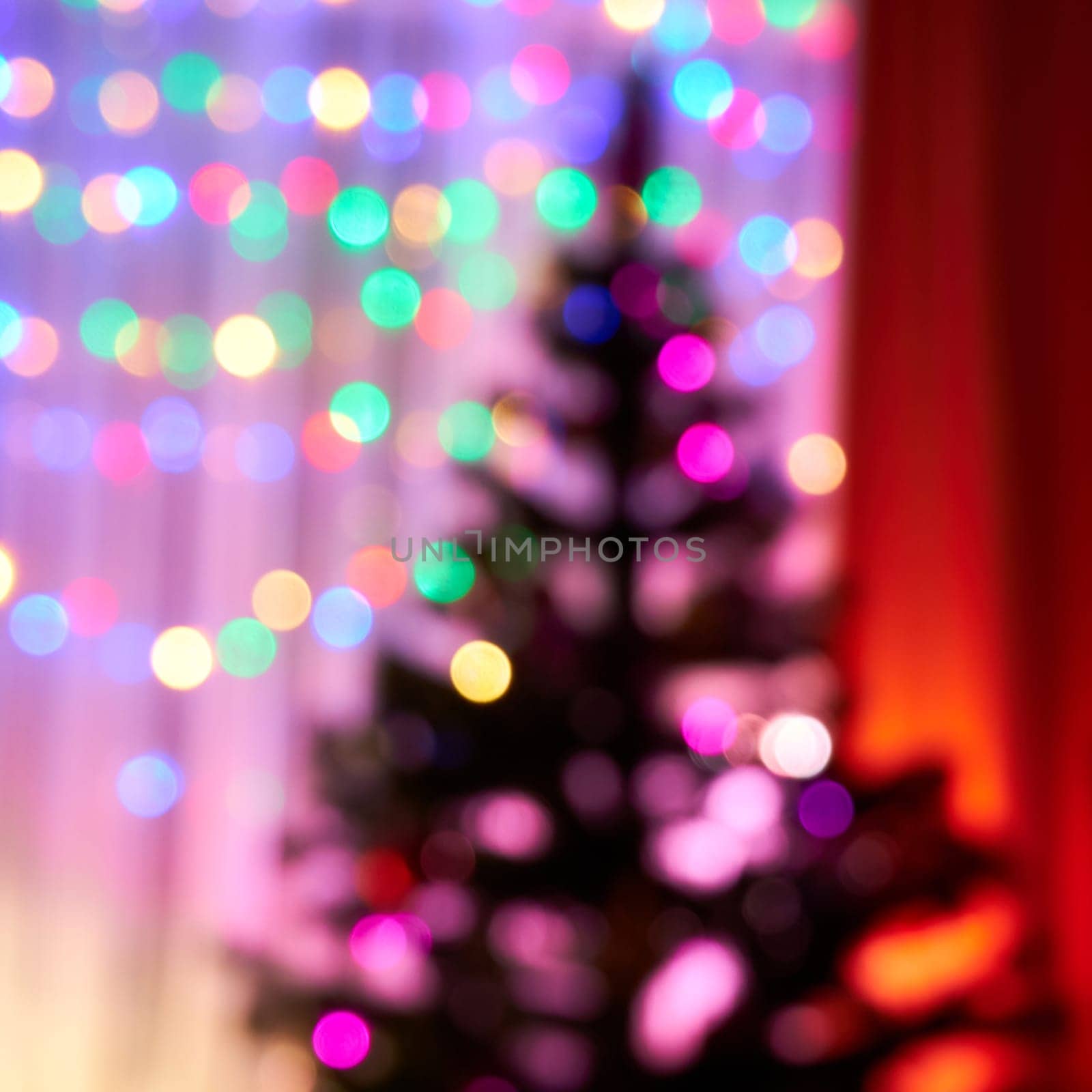Interior of a room decorated for Christmas, blurry and defocused view