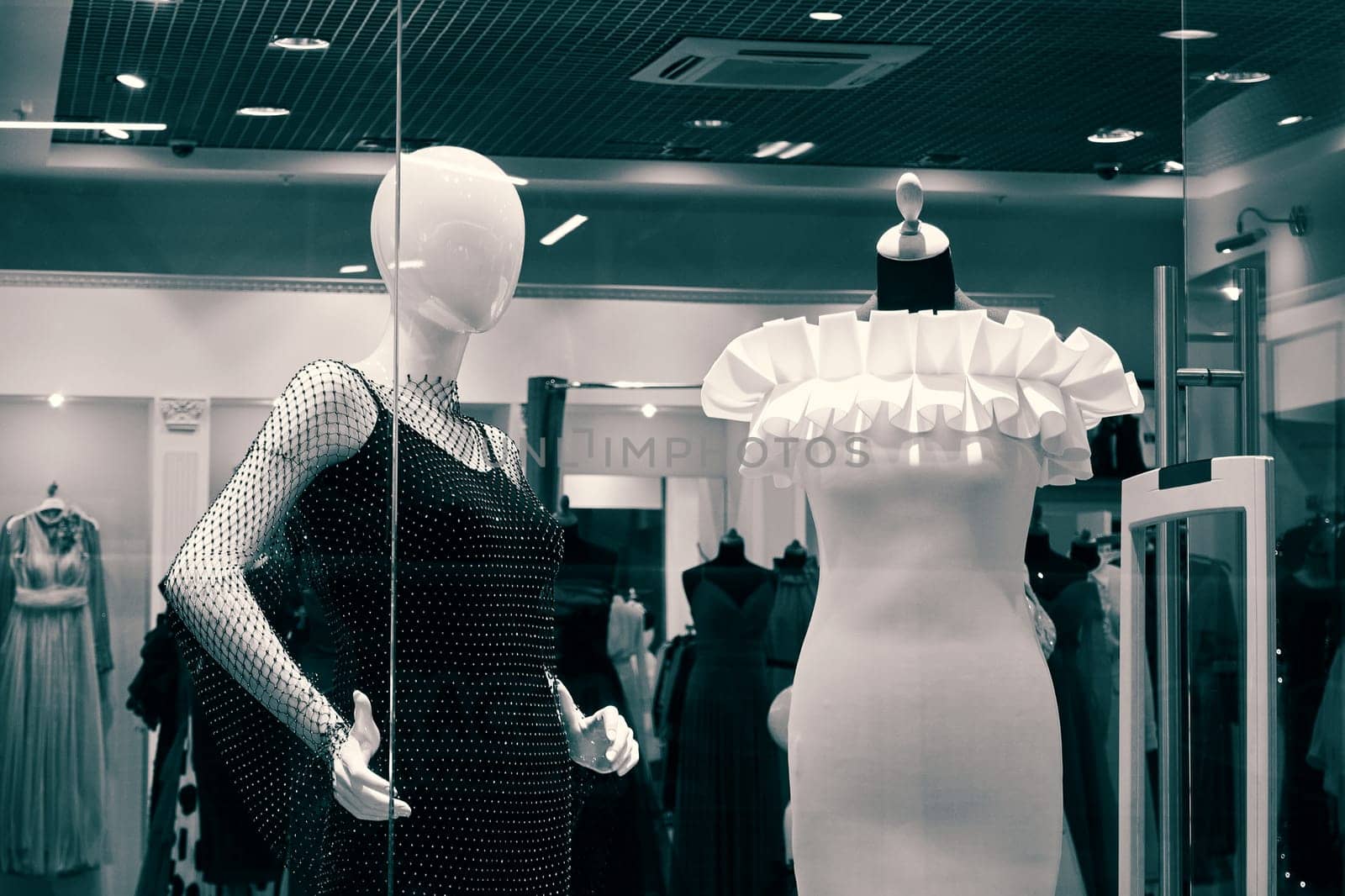 Ryazan, Russia - January 20, 2023: Fashion store exterior. Fashion store showcase and mannequins