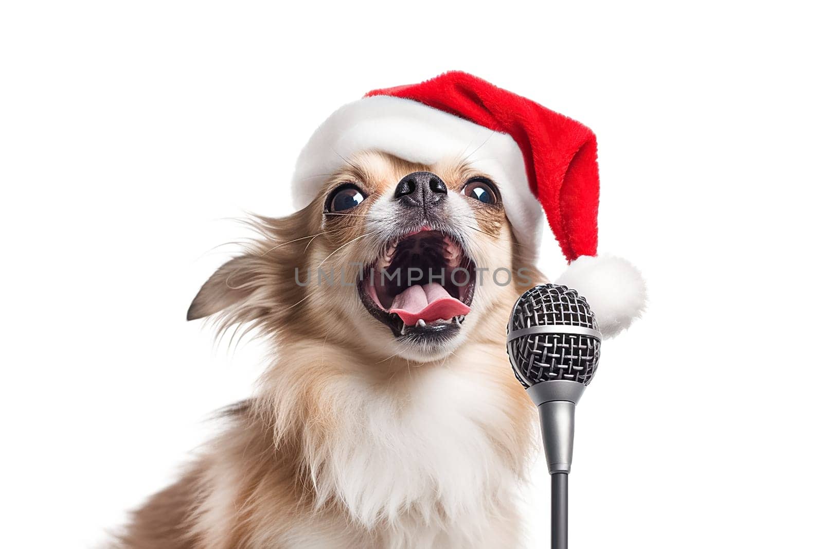 Funny fluffy chihuahua dog in a Santa Claus hat. Big dog in a red Santa hat. New year or Christmas Banner with copy cpace. High quality photo