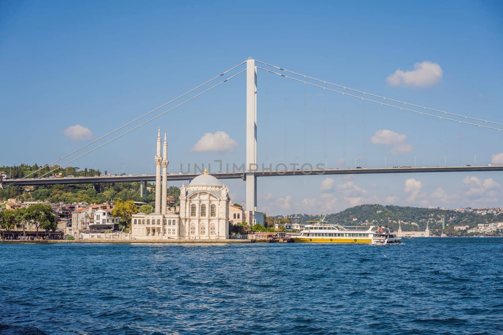 Bosphorus bridge on a summer sunny day, view from the sea, Istanbul Turkey.