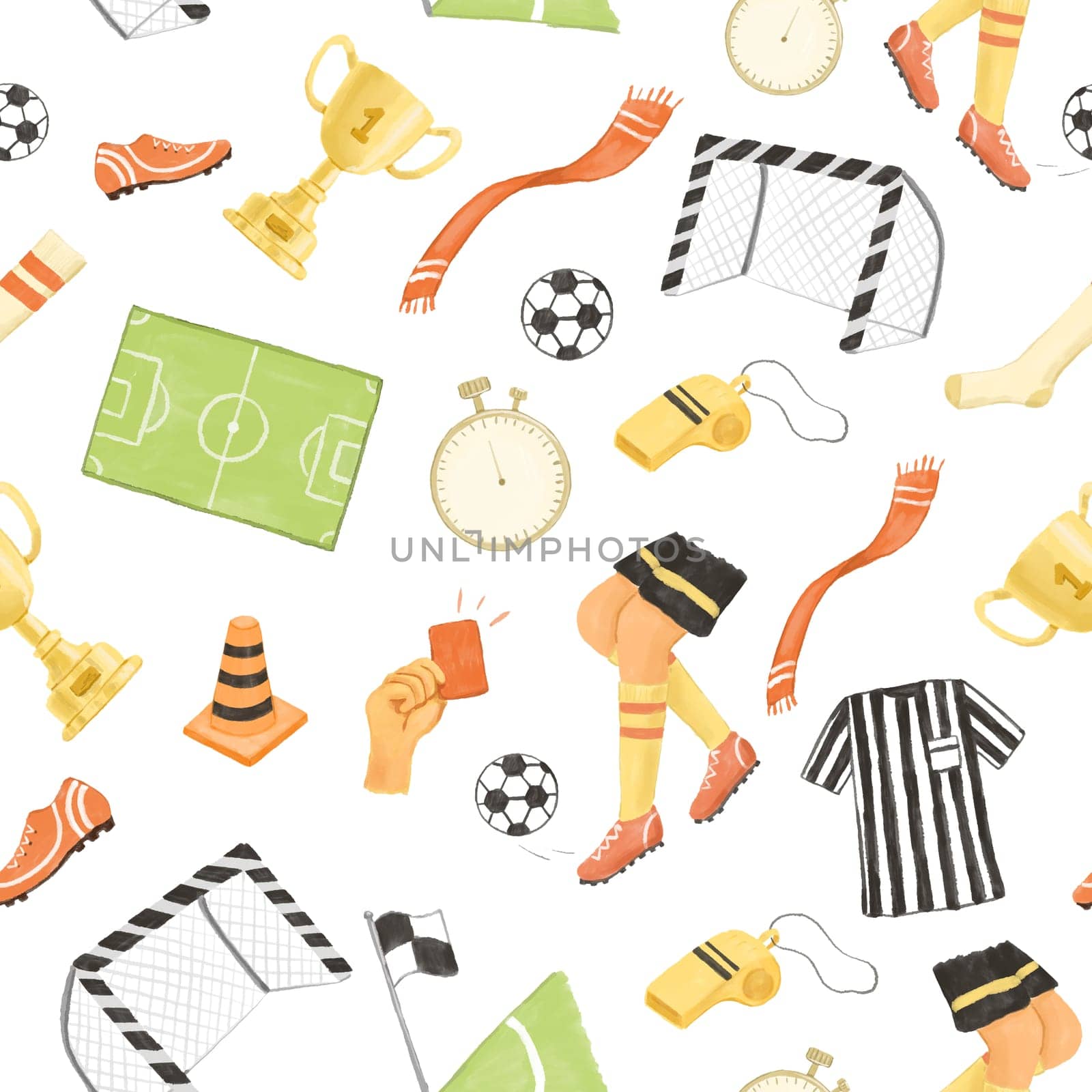 Soccer seamless pattern. Cute Soccer player, Corner of football field with flag by ElenaPlatova