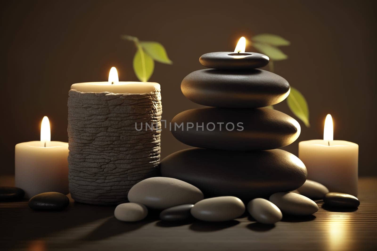 Spa still life with scented candles and zen stones. Zen concept.