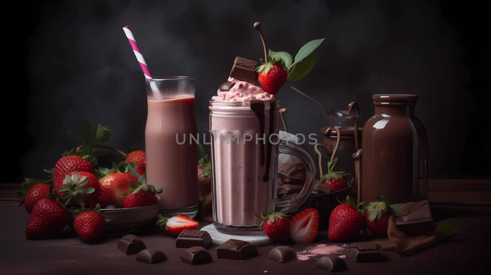 Chocolate milkshake with whipped cream, strawberries and dark chocolate pieces on a dark background. Still life, composition.