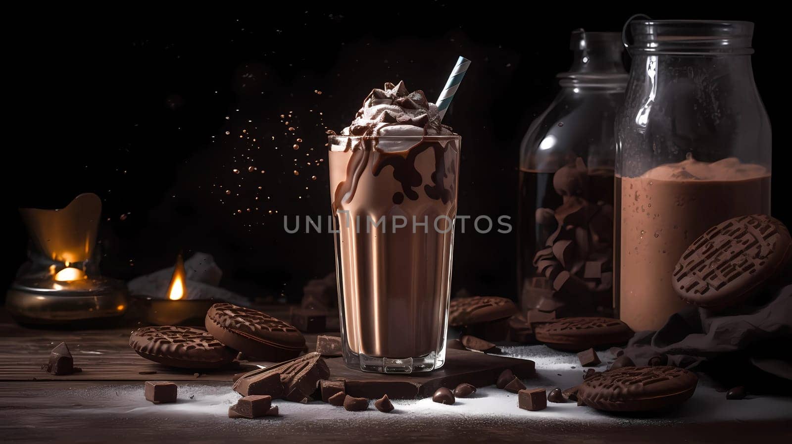 Chocolate milkshake with whipped cream and dark chocolate pieces on a dark background. Still life, composition.
