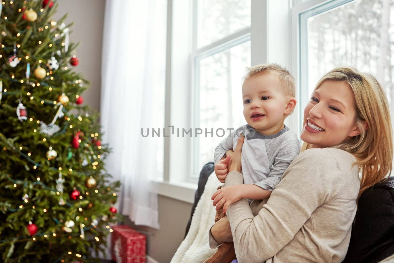 Hes the only Christmas gift I need. a young mother enjoying Christmas with her little boy. by YuriArcurs