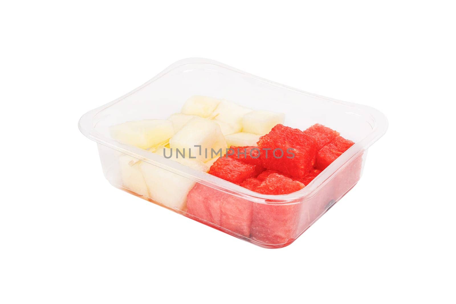 Fruit salad with watermelon and melon in a plastic container on a white background. High quality photo