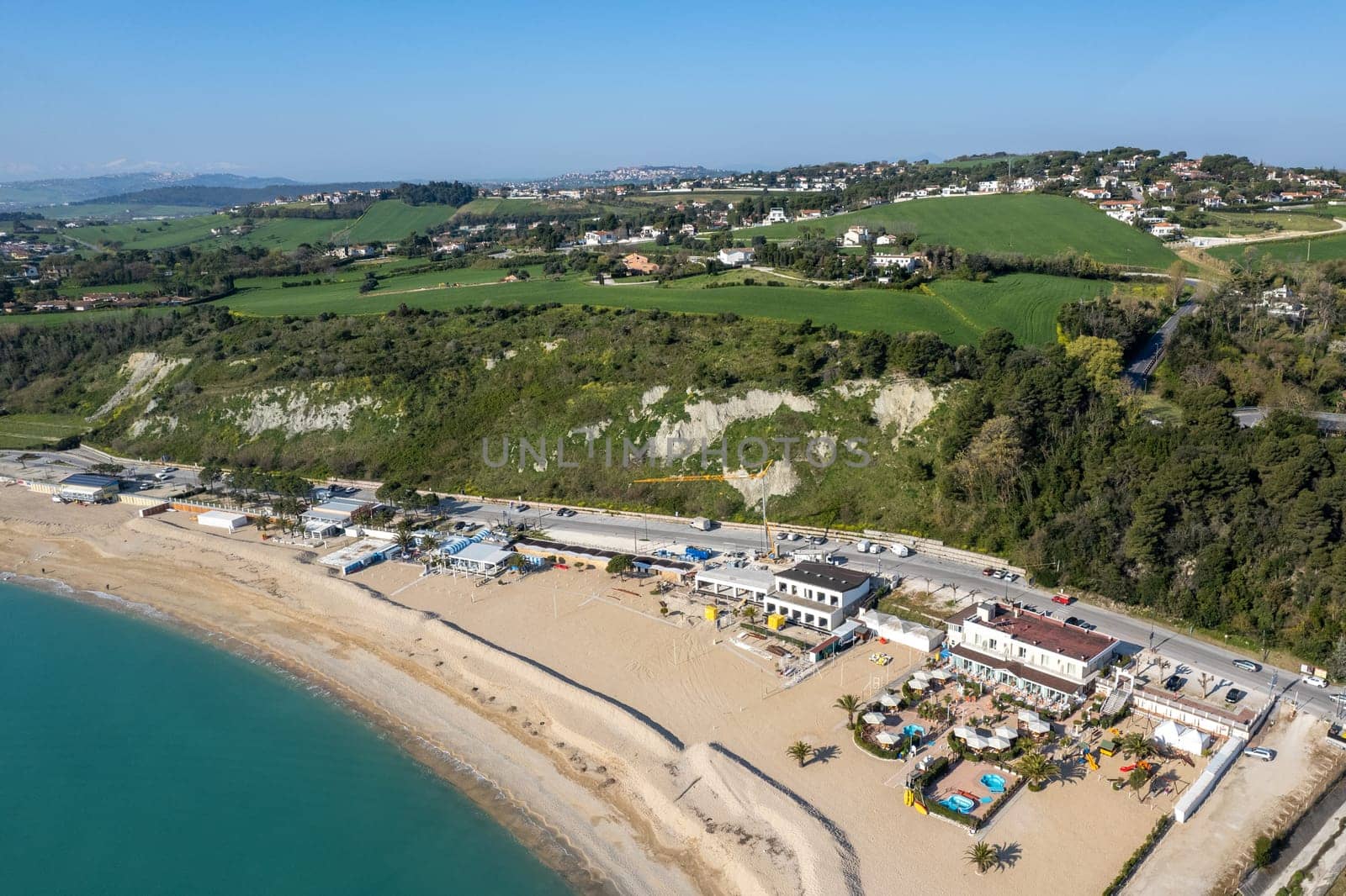 Aerial drone view of Numana town , Conero Mount, Adriatic Sea beach in Le Marche region, Italy , Europa