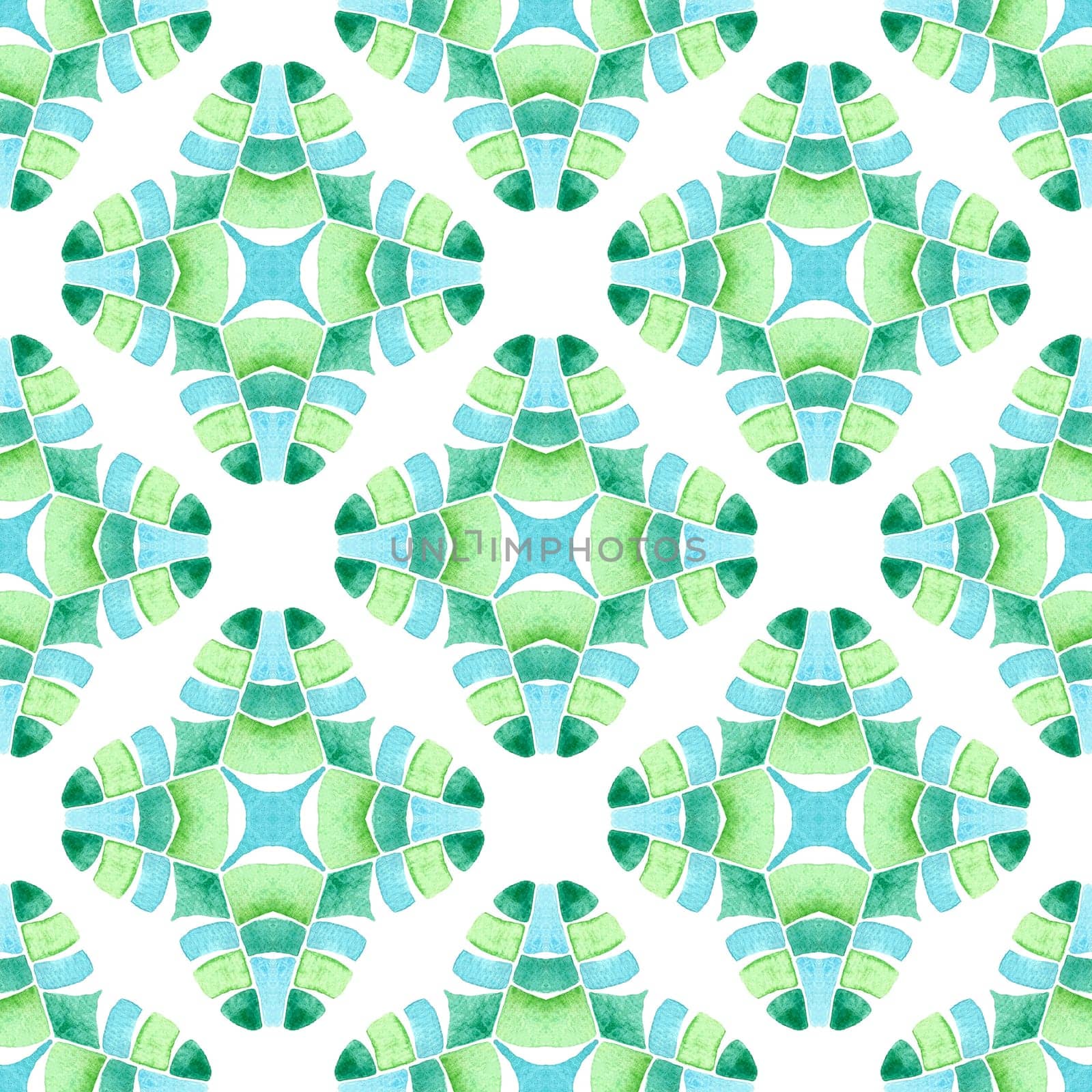 Medallion seamless pattern. Green imaginative boho chic summer design. Watercolor medallion seamless border. Textile ready positive print, swimwear fabric, wallpaper, wrapping.