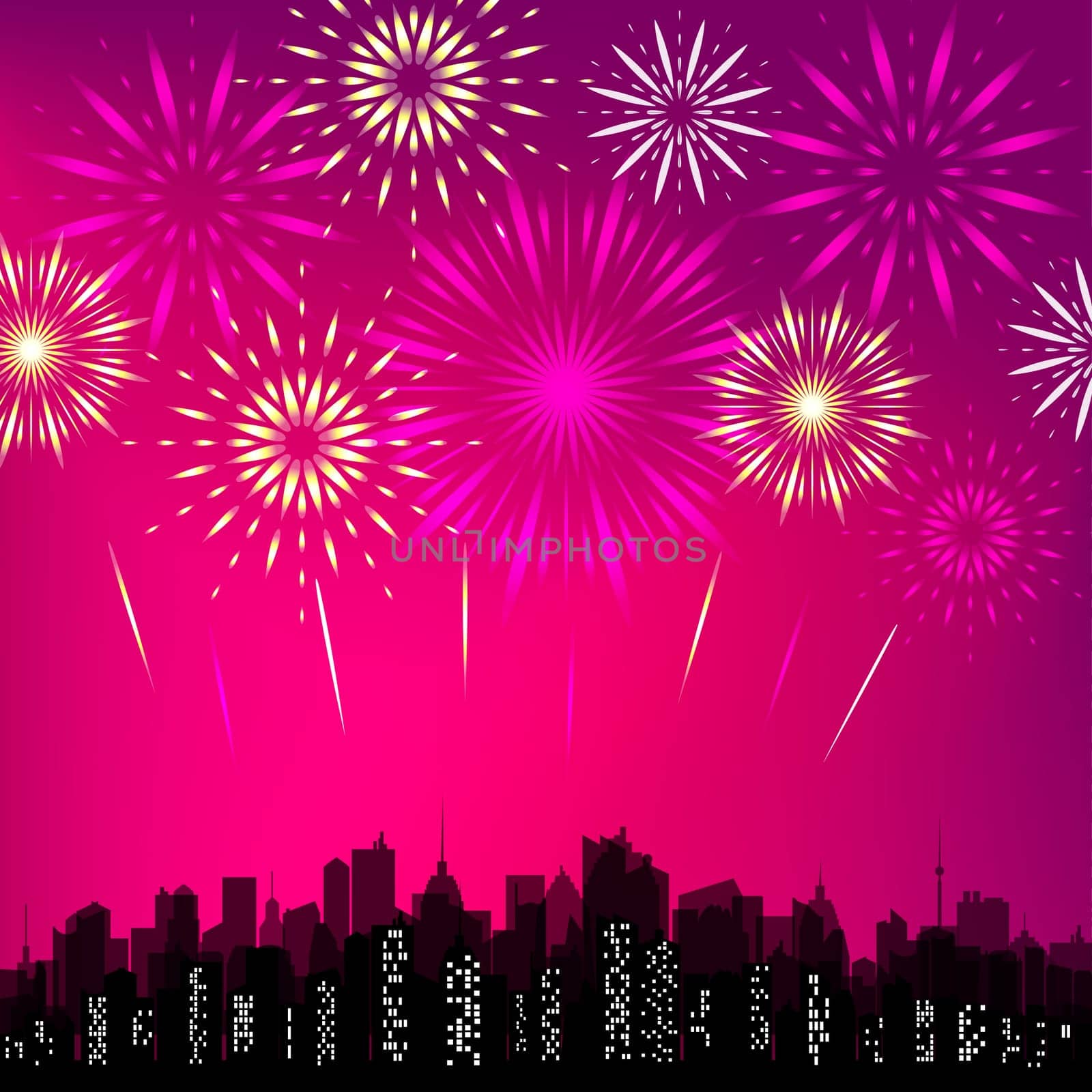City skyline with festive fireworks. Glowing light over the city. Holiday cityscape jpeg illustration.