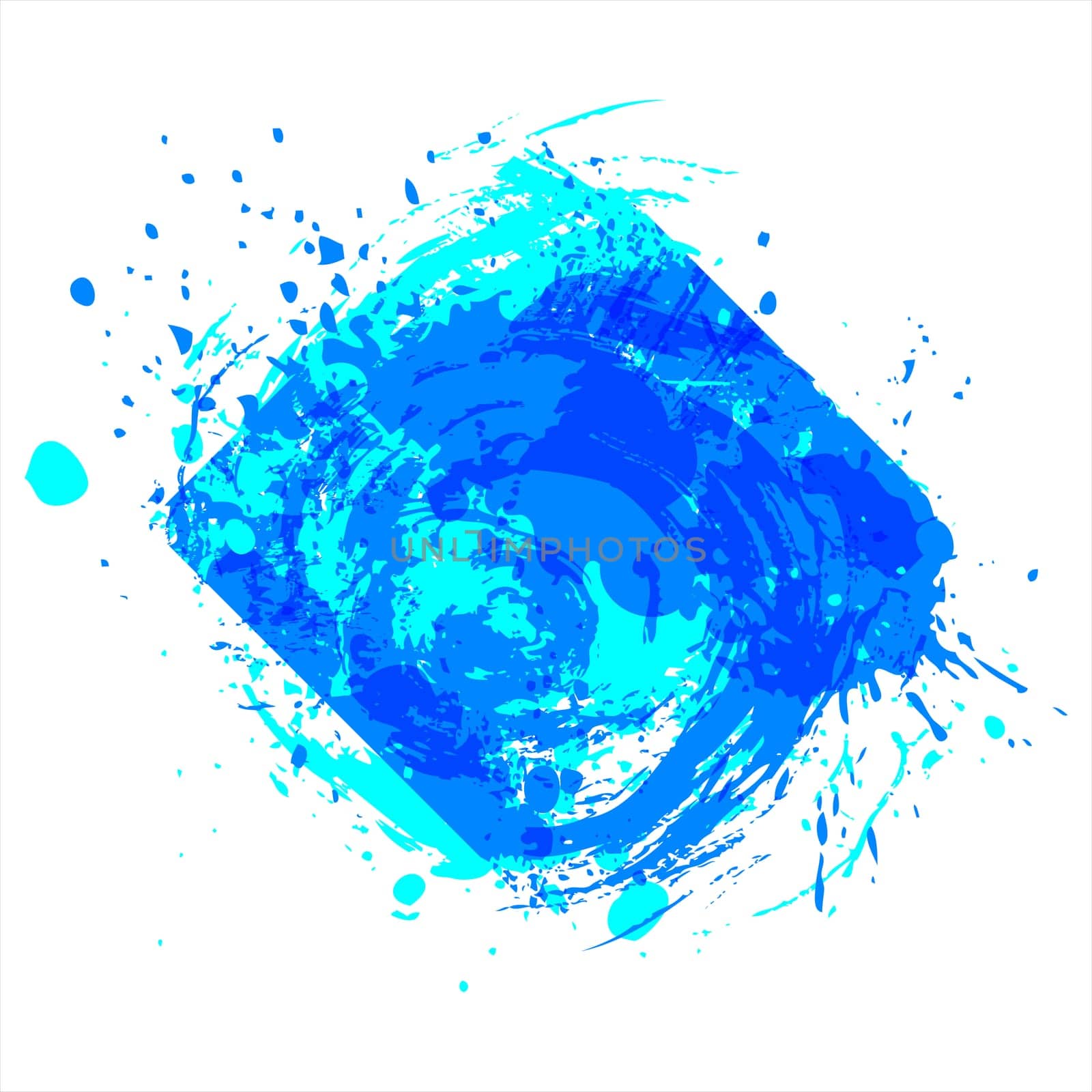 Blue ink splash logo. Swirl water wave drops, brush strokes. Watercolor paint grunge design element. Jpeg illustration.