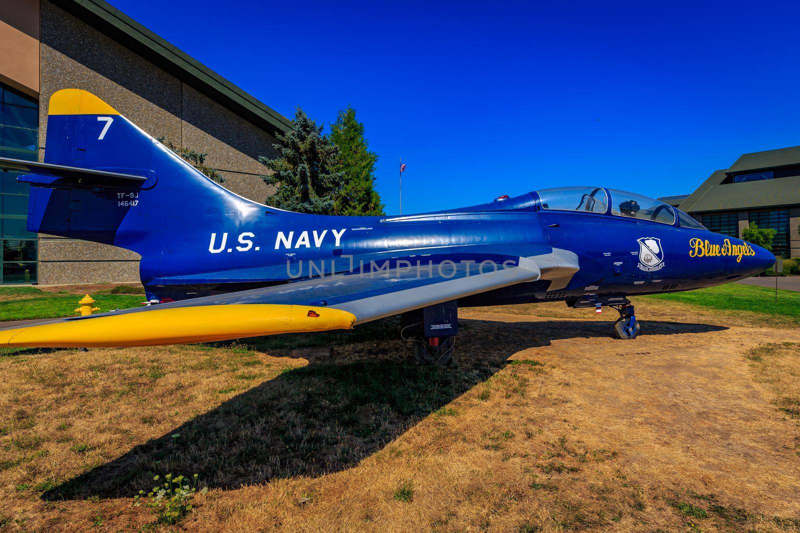 McMinnville, Oregon - August 21, 2017: Grumman TF-9J Cougar fighter aircraft in the color of the "Blue Angels" on exhibition at Evergreen Aviation & Space Museum.