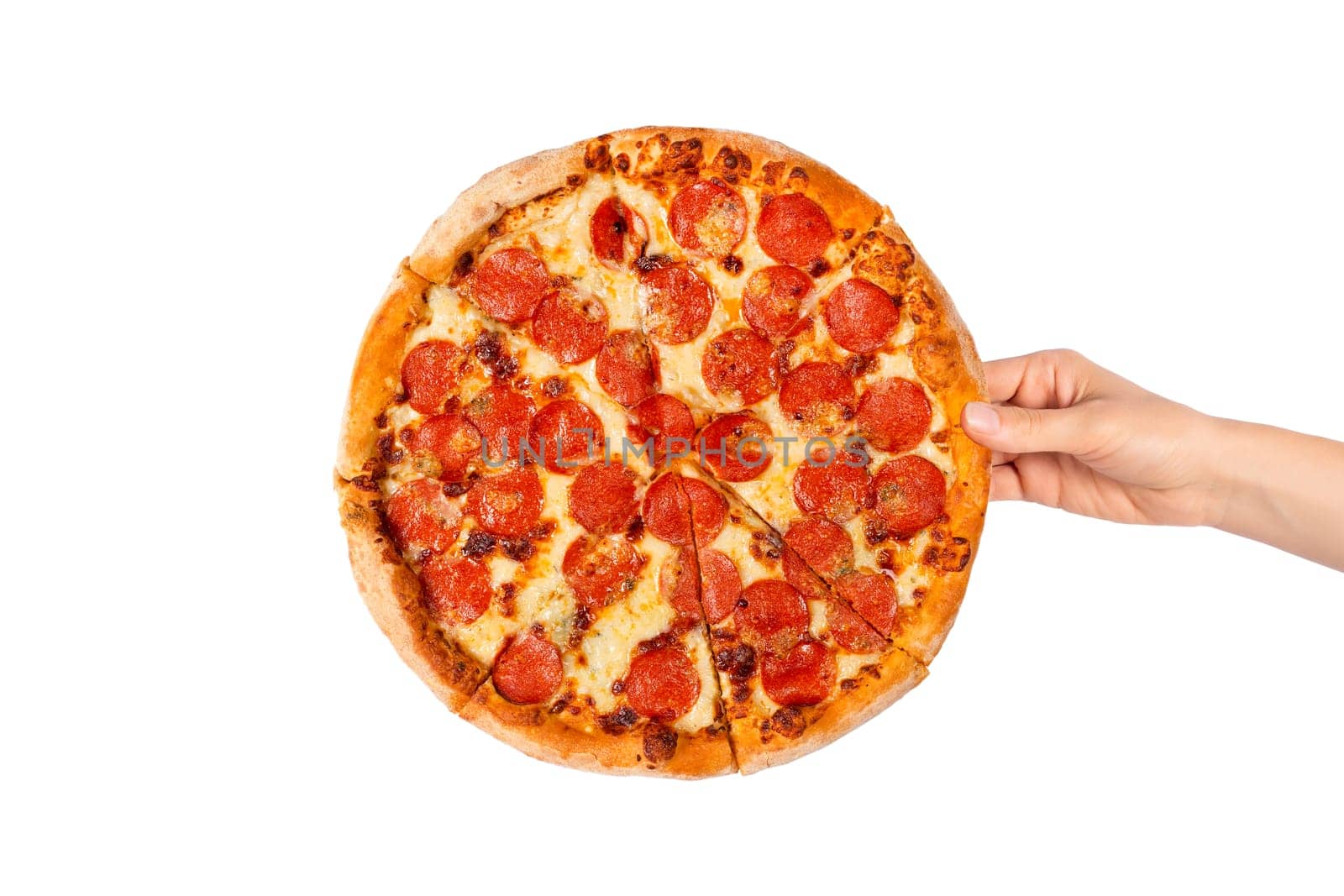 Hand holding or taking tasty pepperoni pizza isolated on white. Top view on pepperoni pizza. The concept for Italian food, street food, fast food, quick bite