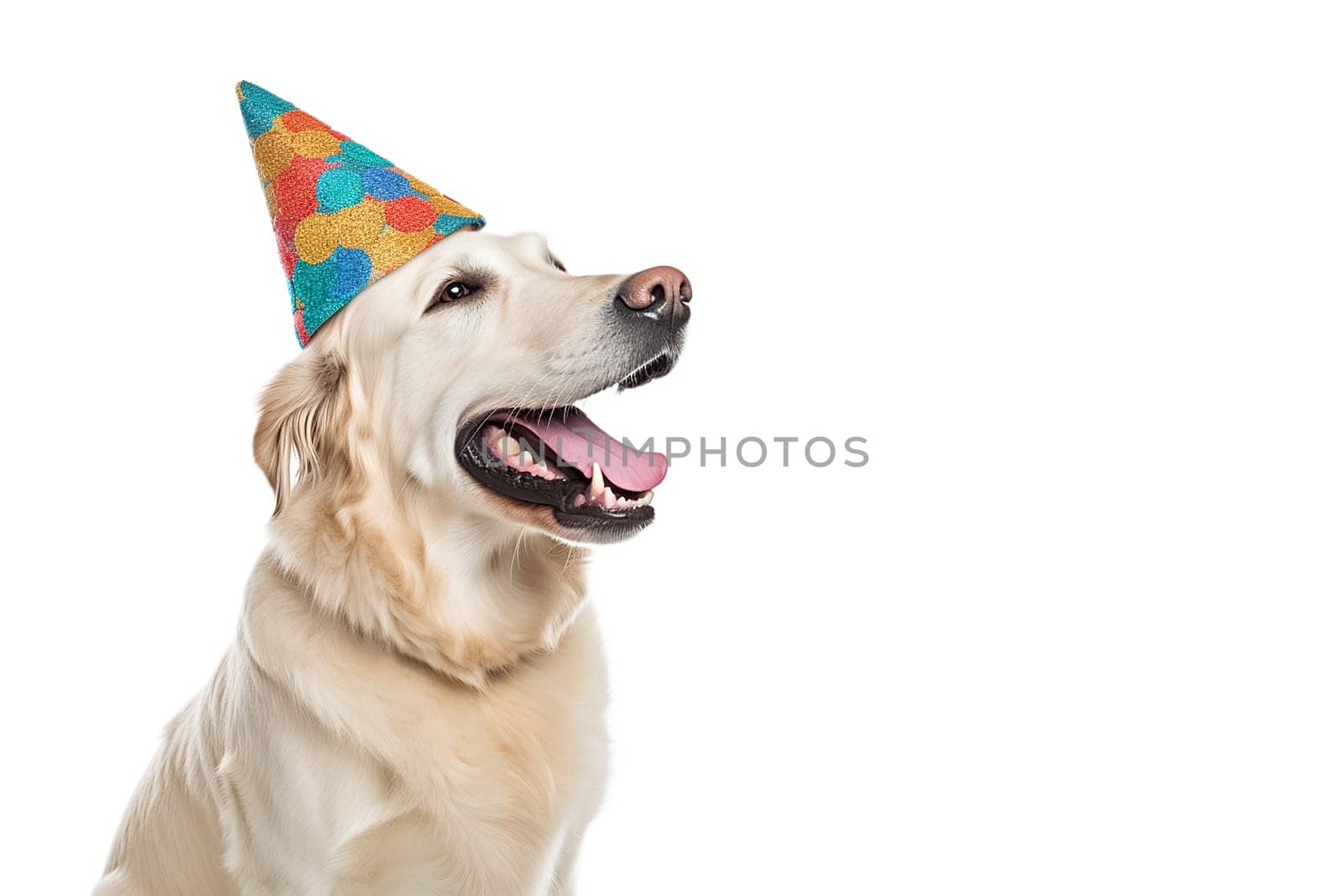 Portrait of Funny big golden retriever dog in birthday cap isolated on white background. Happy birthday concept.