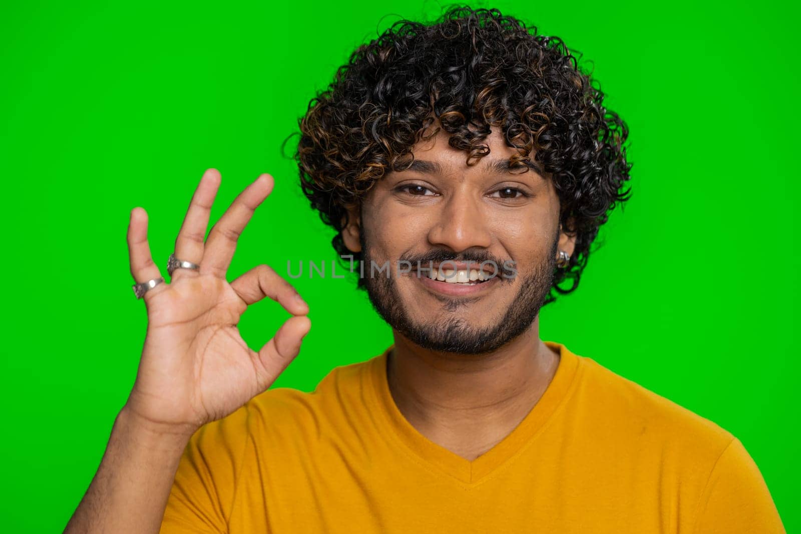 Ok. Joyful happy indian man in shirt looking approvingly at camera showing approve feedback gesture like sign positive something good. Handsome guy on chroma key background. People sincere emotion