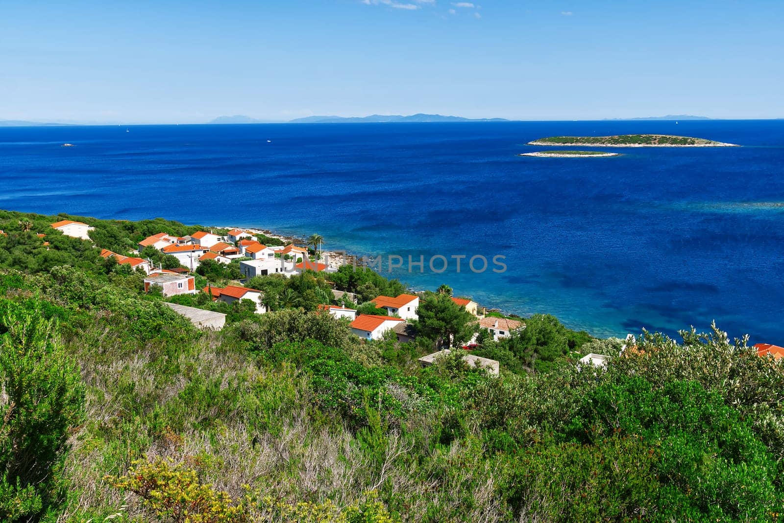 Island of Vis bay aerial view, Dalmatia, Croatia. Europe paradice Vis Island in bay of adriatic sea.