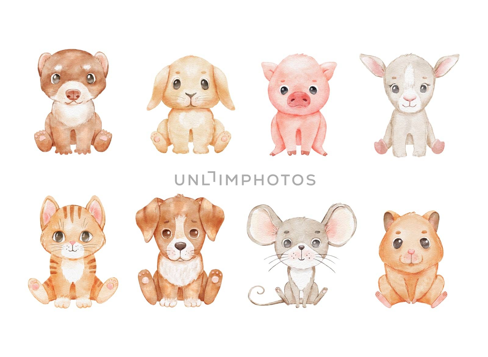 Cute cartoon cat, dog and rabbit isolated on white. Watercolor pet kitten and farm animal is sitting. Childish funny characters set