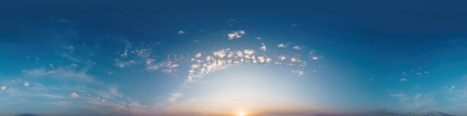 Bright sunset sky panorama with Cirrus clouds. Seamless hdr spherical 360 panorama. Sky dome or zenith for 3D visualization, game and sky replacement for aerial drone 360 panoramas. by panophotograph