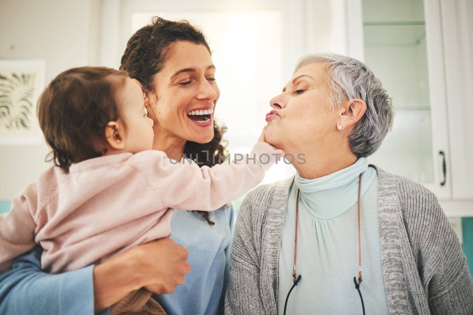 Grandmother, mother and baby happy in home for bonding, quality time and playing together. Love, family and mom carrying child with grandma play for loving, affection and happiness in living room.