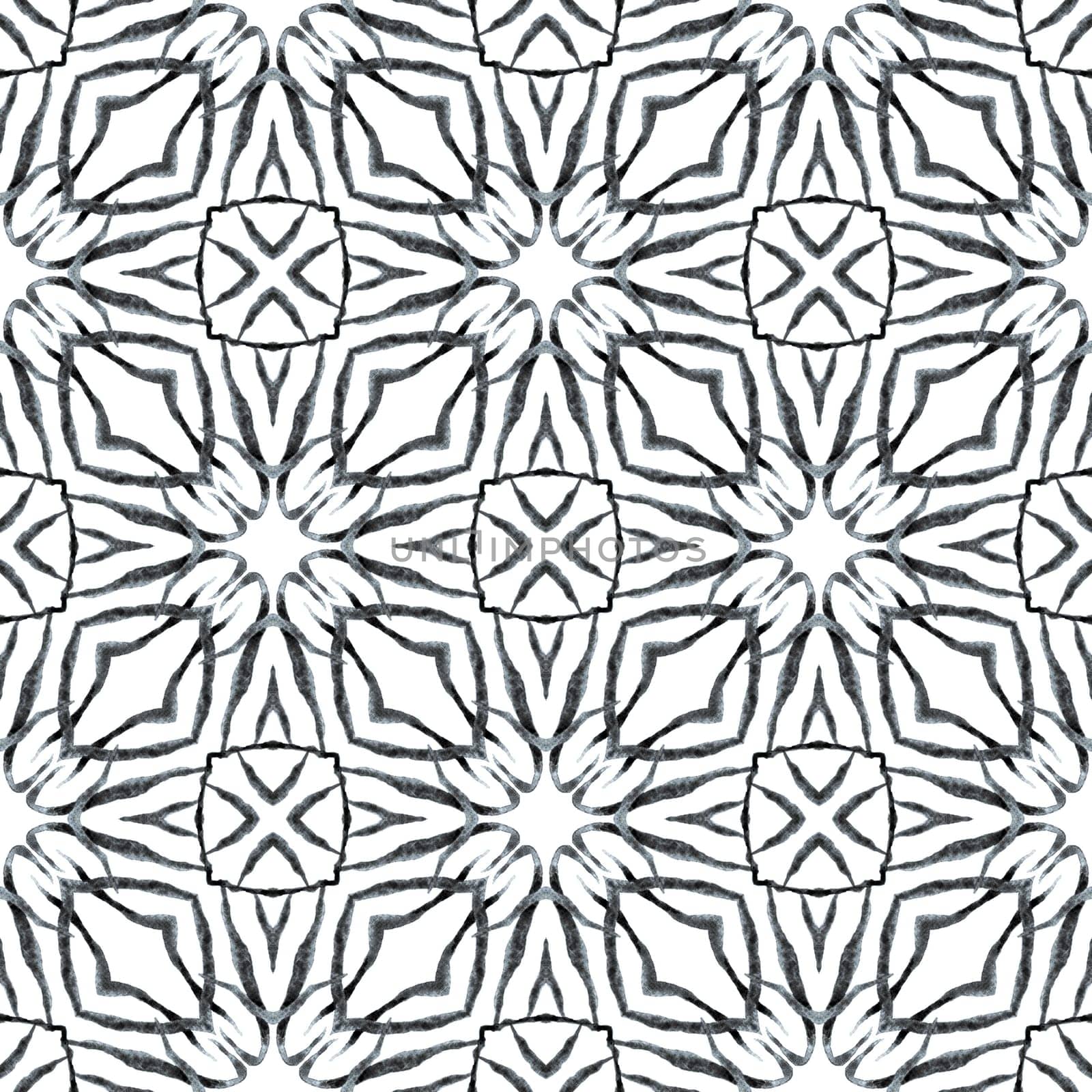 Ikat repeating swimwear design. Black and white artistic boho chic summer design. Watercolor ikat repeating tile border. Textile ready pleasing print, swimwear fabric, wallpaper, wrapping.