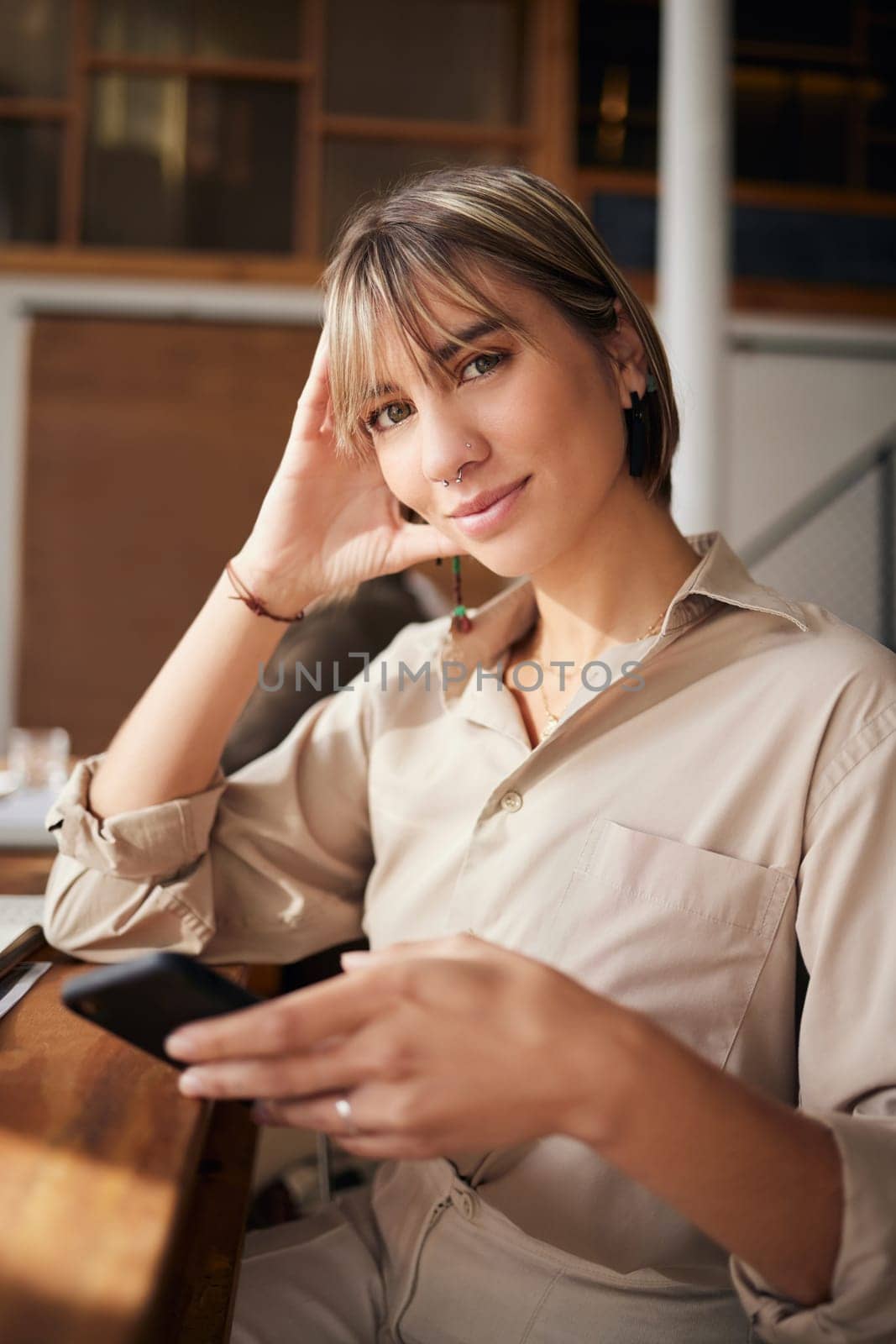 Portrait, relax and woman with smartphone, typing and connection for social media, communication and chatting. Face, female and person with cellphone, search website or online reading for information.