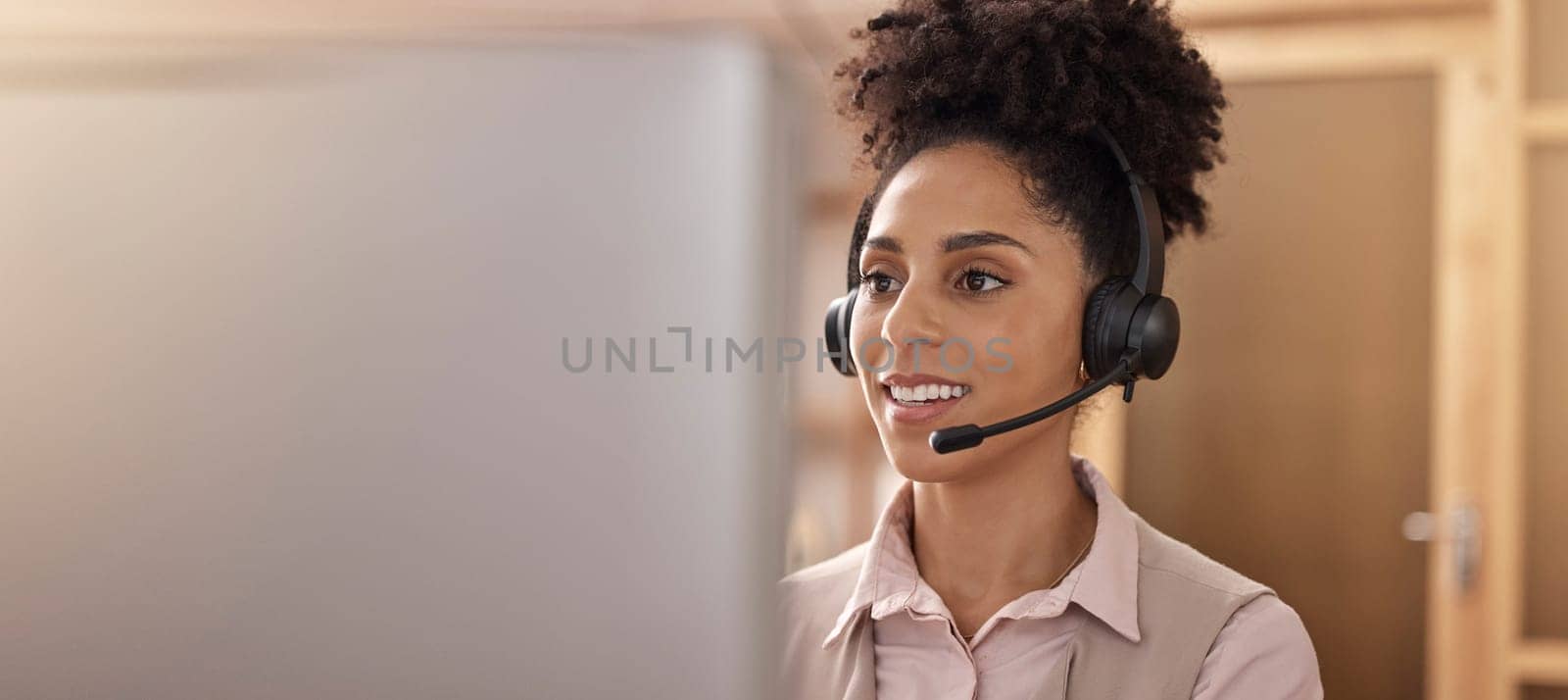 Call center, woman and computer in office for sales and customer service mockup. Female agent or consultant in telemarketing, support or crm with headphones and pc banner for help desk communication.