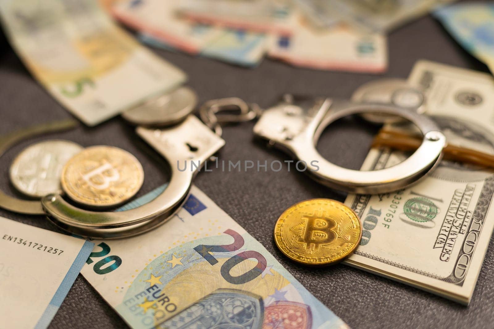 Bitcoins and handcuffs as an abstract symbol of crime that can hide a crypto currency. by Andelov13