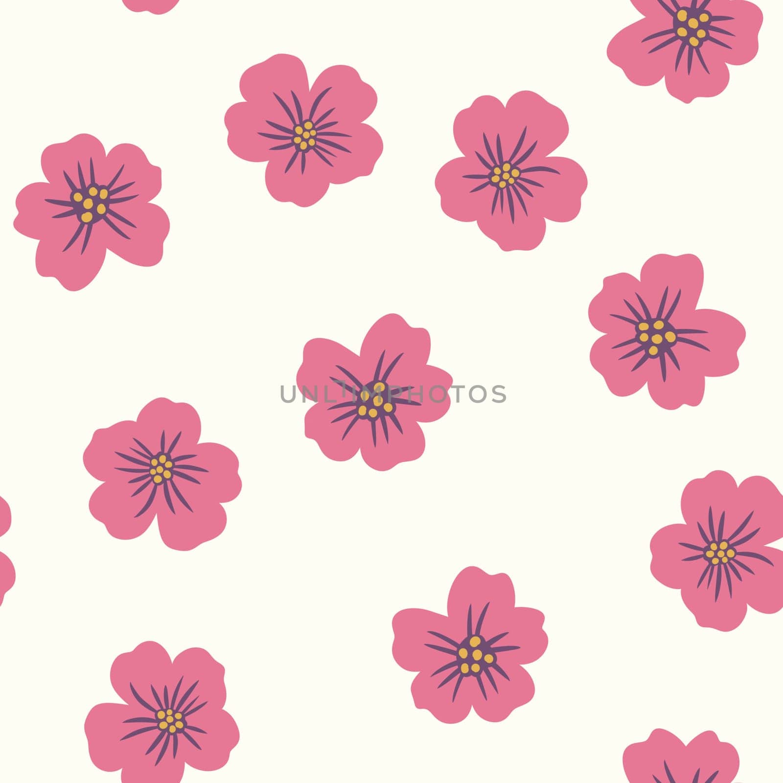 Hand drawn seamless pattern of tiny ditsy flowers. Pink floral print on light pastel ecru background, vintage retro minimalist style, small daisy nature art, spring summer garden five petals