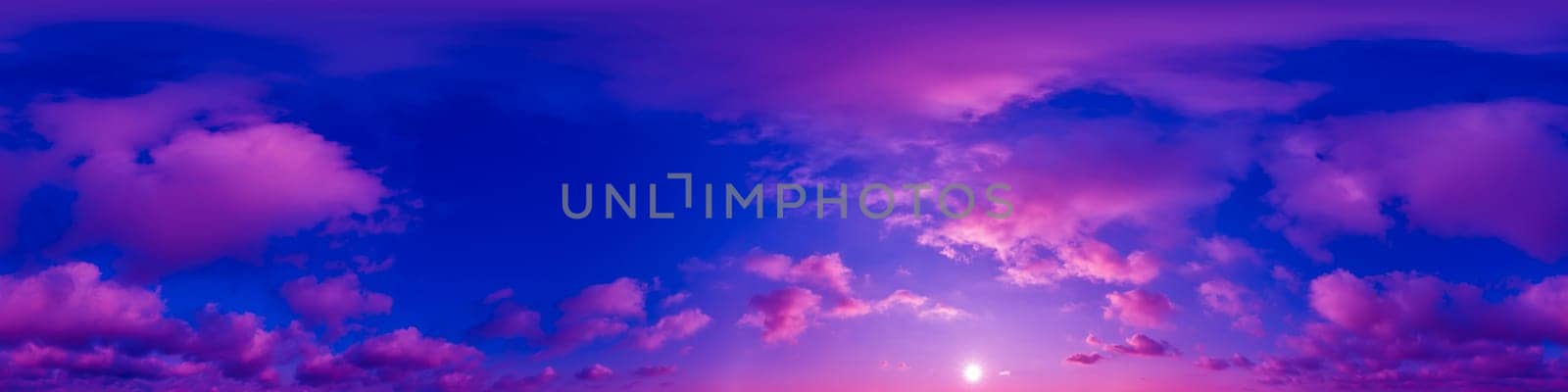 Blue sky panorama with magenta Cirrus clouds in Seamless spherical equirectangular format. Full zenith for use in 3D graphics, game and editing aerial drone 360 degree panoramas for sky replacement. by Matiunina