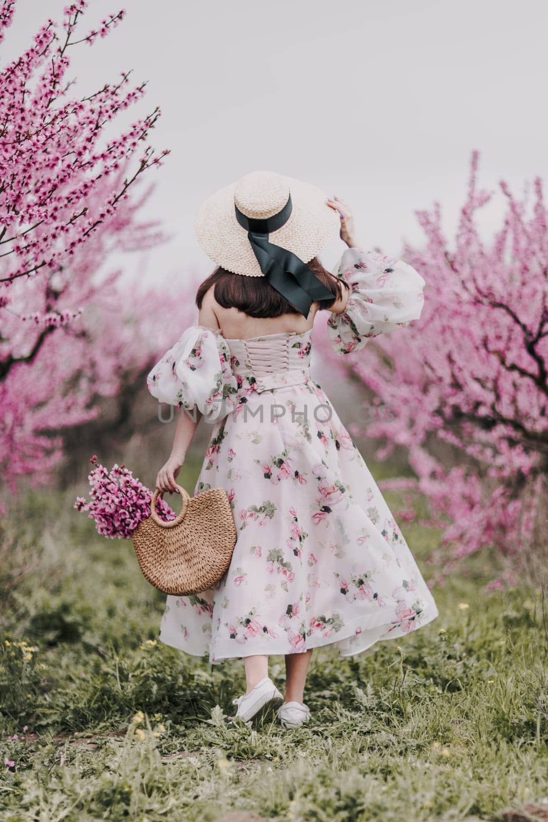 Woman blooming peach orchard. Against the backdrop of a picturesque peach orchard, a woman in a long dress and hat enjoys a peaceful walk in the park, surrounded by the beauty of nature. by Matiunina