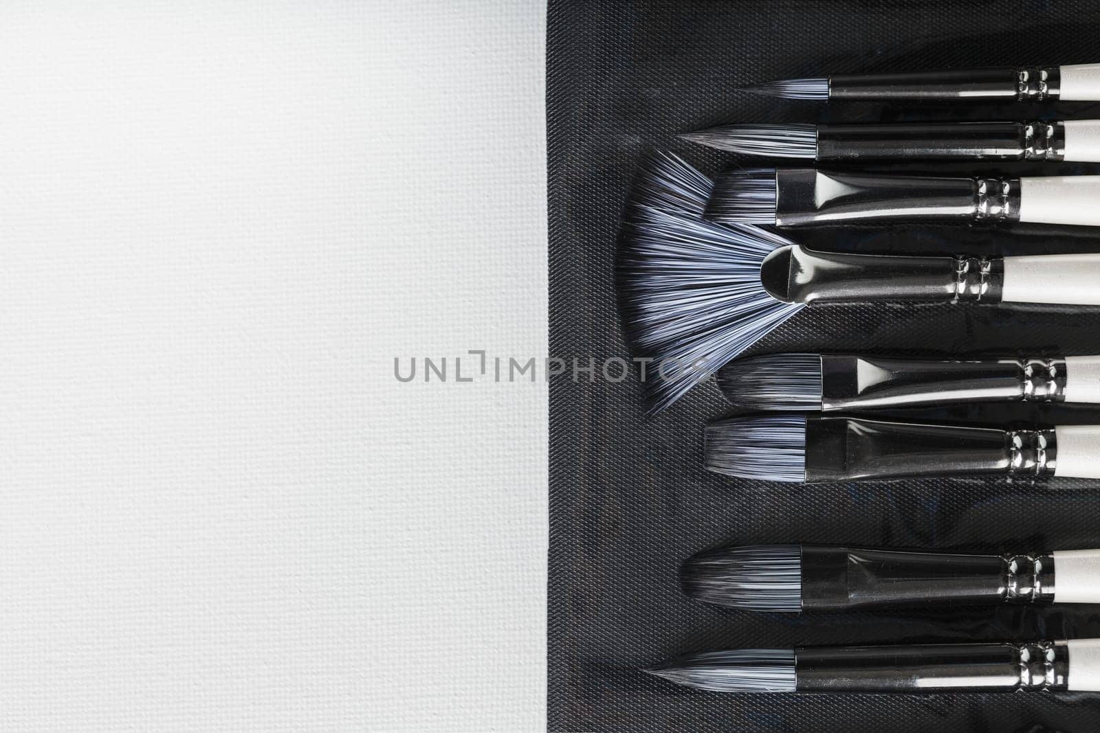 Brushes, palette knives in a pencil case on a white canvas background by AlexGrec