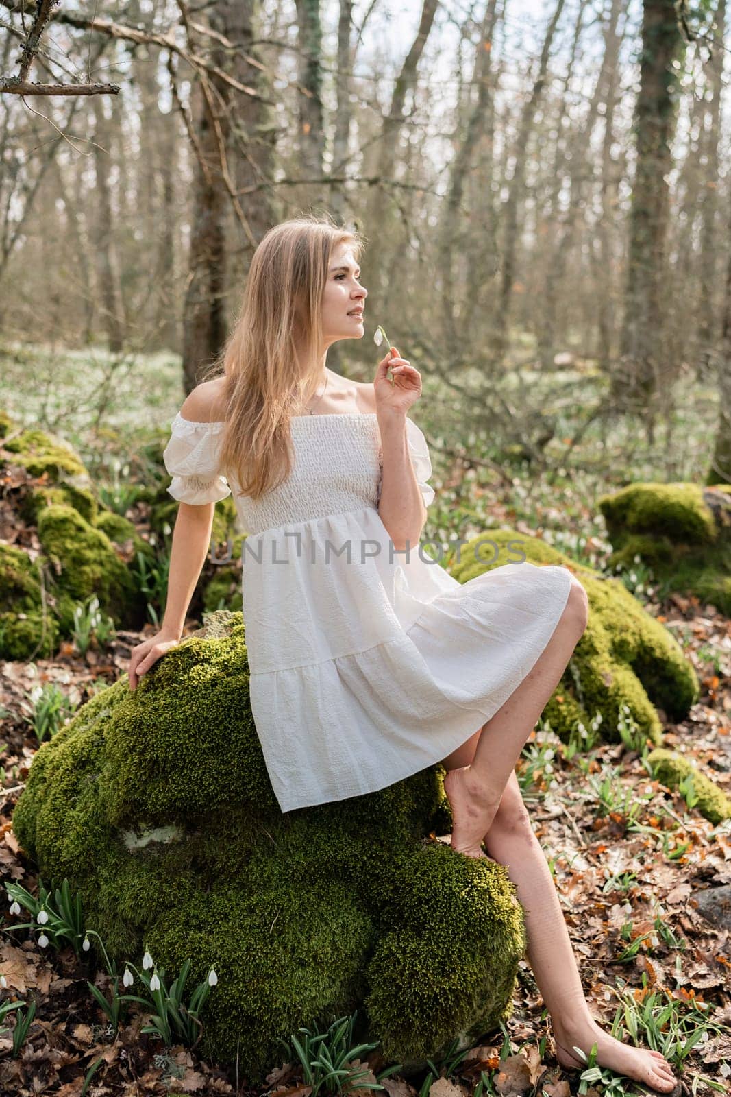 Snowdrops galanthus blonde. A girl in a white dress sits on a meadow with snowdrops in a spring forest by Matiunina