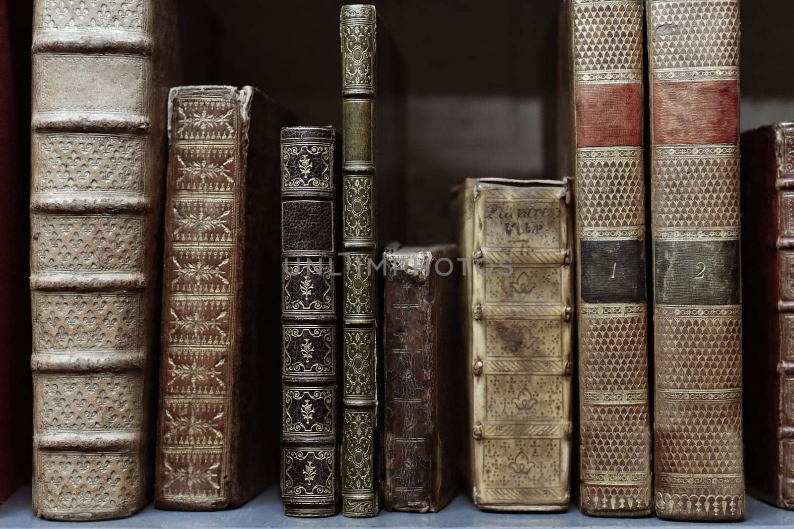 Old worn books on a shelf in the library's archives