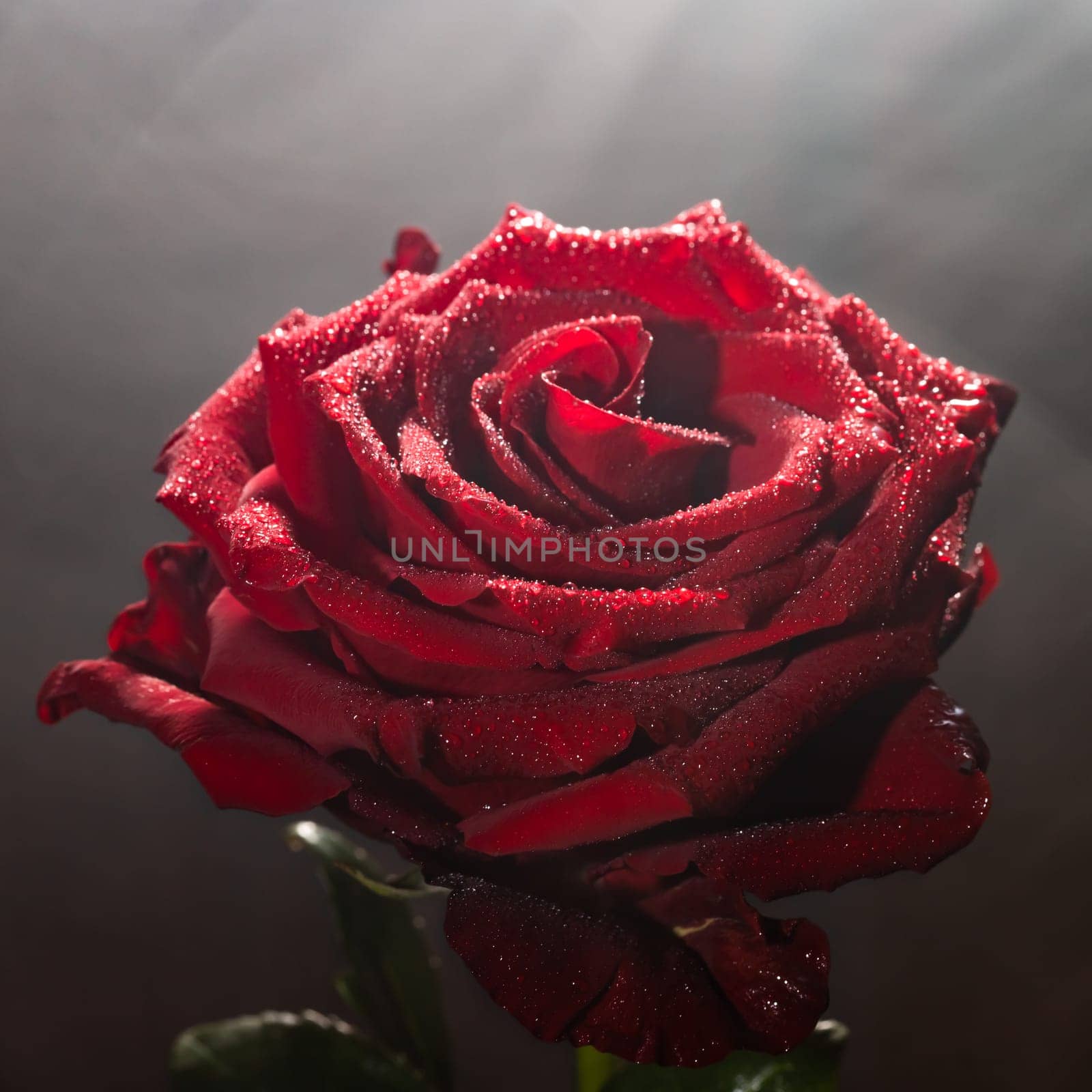 Blooming red rose bud in water drops and mist close-up on a black background by glavbooh