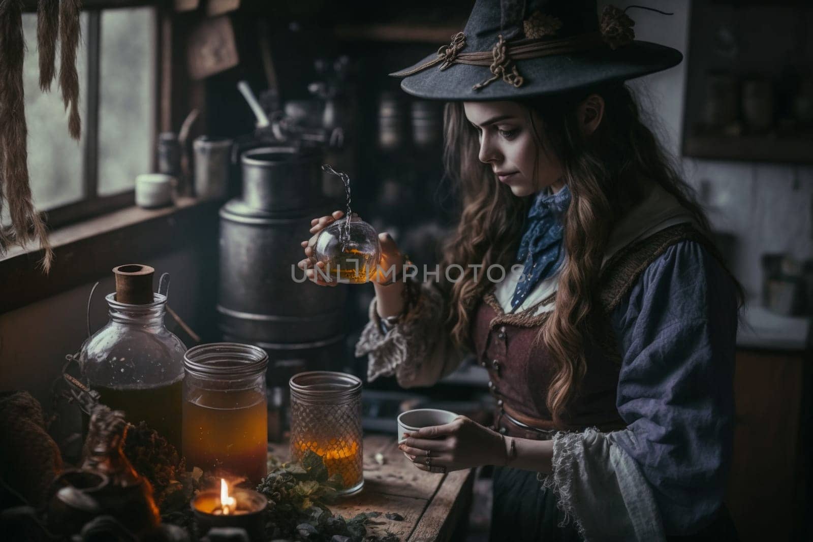 Witch with making witchcraft, magic spells, hat conjuring. Spooky dark magic forest . Magician. Wide Halloween party art design. Terrifying scary personage, beautiful sorceress.