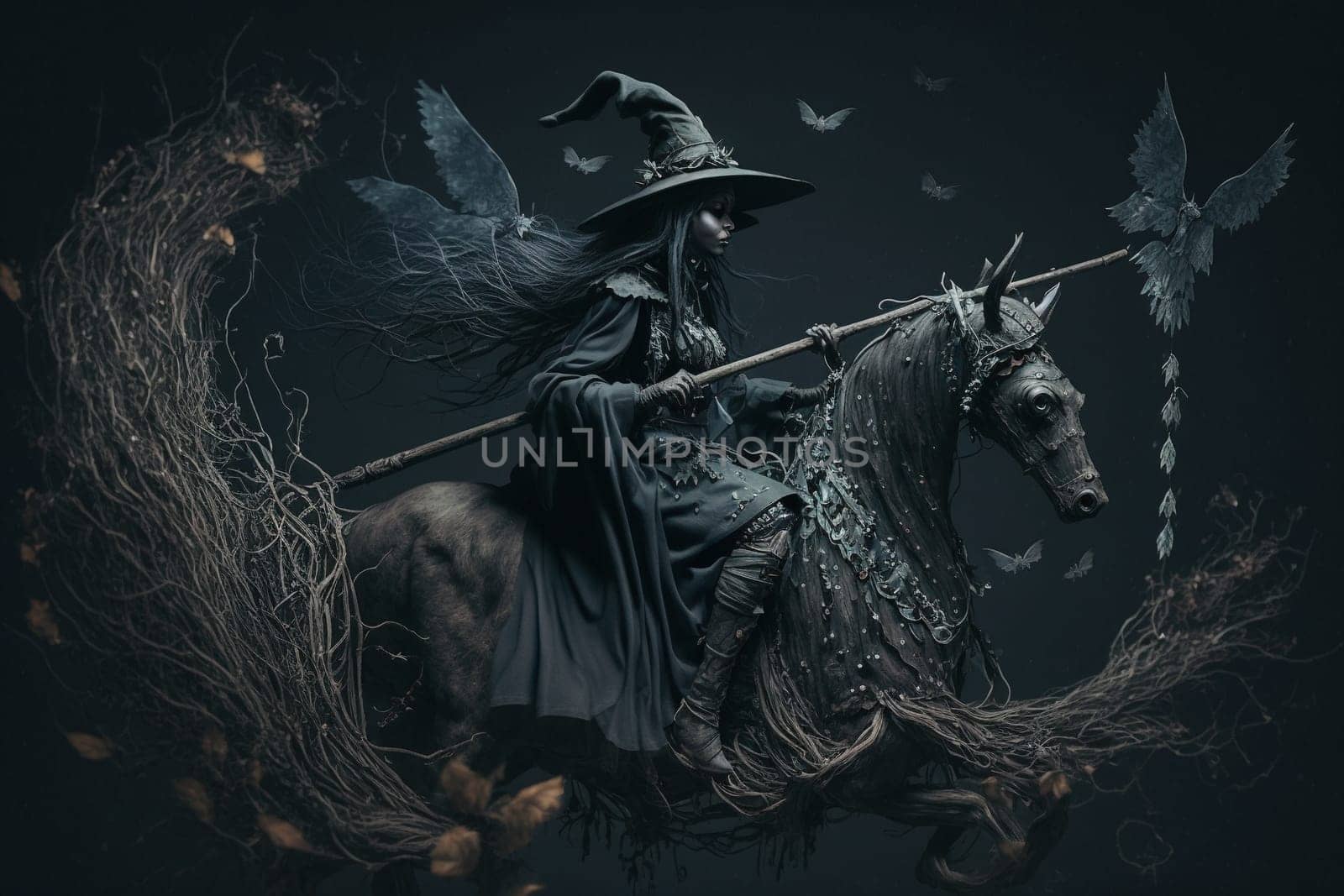 Witch with making witchcraft, magic spells, hat conjuring. Spooky dark magic forest . Magician. Wide Halloween party art design. Terrifying scary personage, beautiful sorceress.