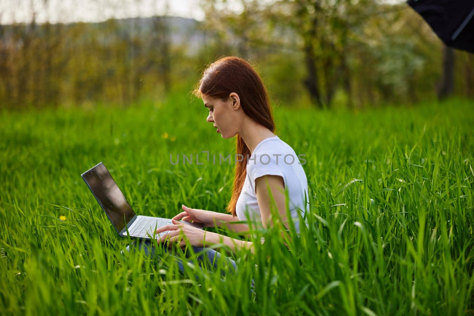 student with a laptop in the park working. High quality photo