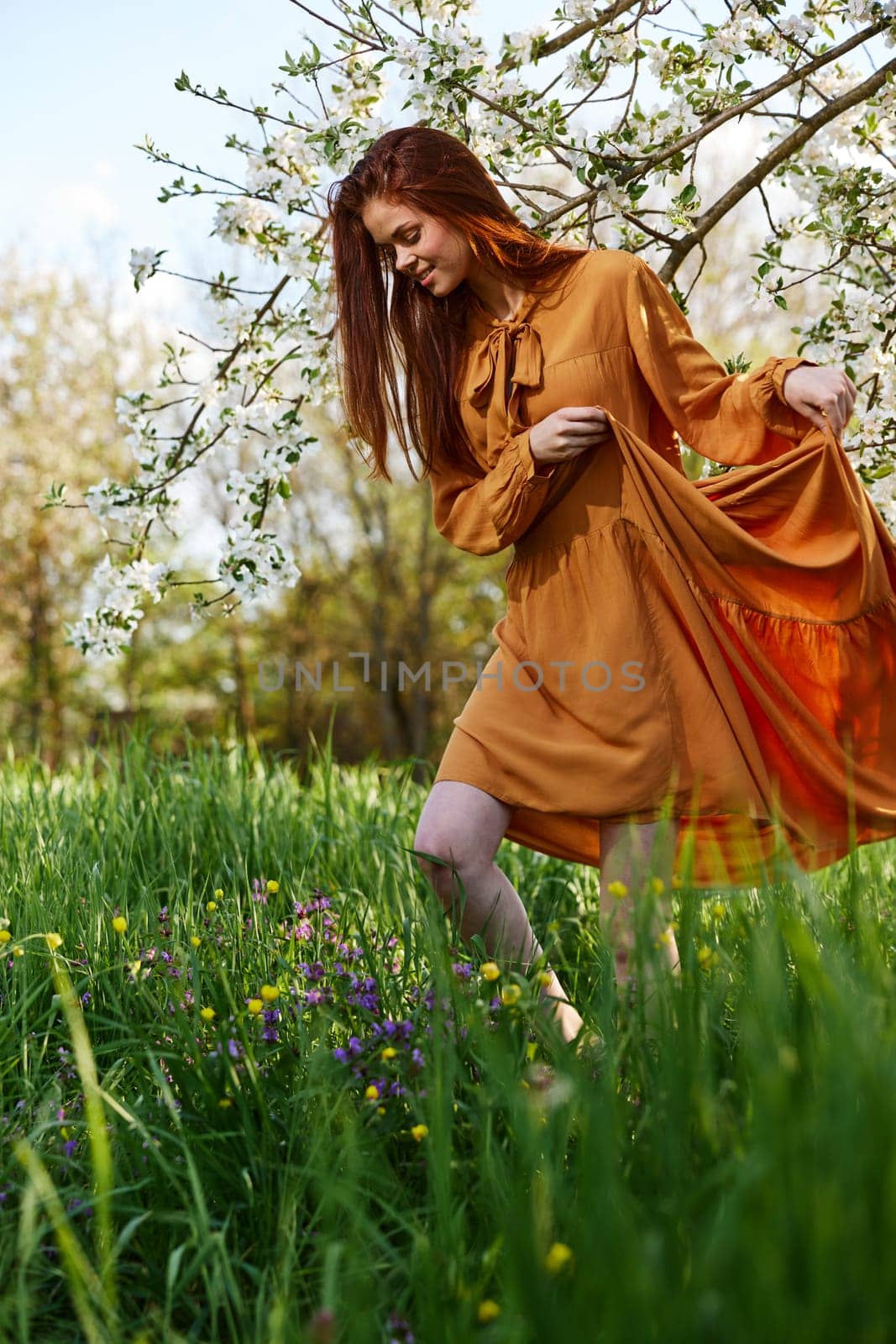 a happy, slender, sweet woman stands in a long orange dress in the tall grass near a flowering tree and happily smiling lifts the hem of her dress. High quality photo