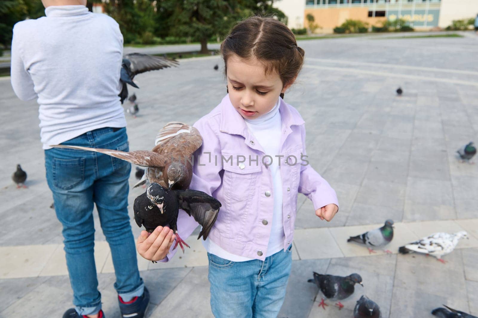 Caucasian little girl looking at a pigeon sitting on her arm, while feeding flock of flying doves in city park. The concept of a happy carefree childhood and instilling love for nature and animals