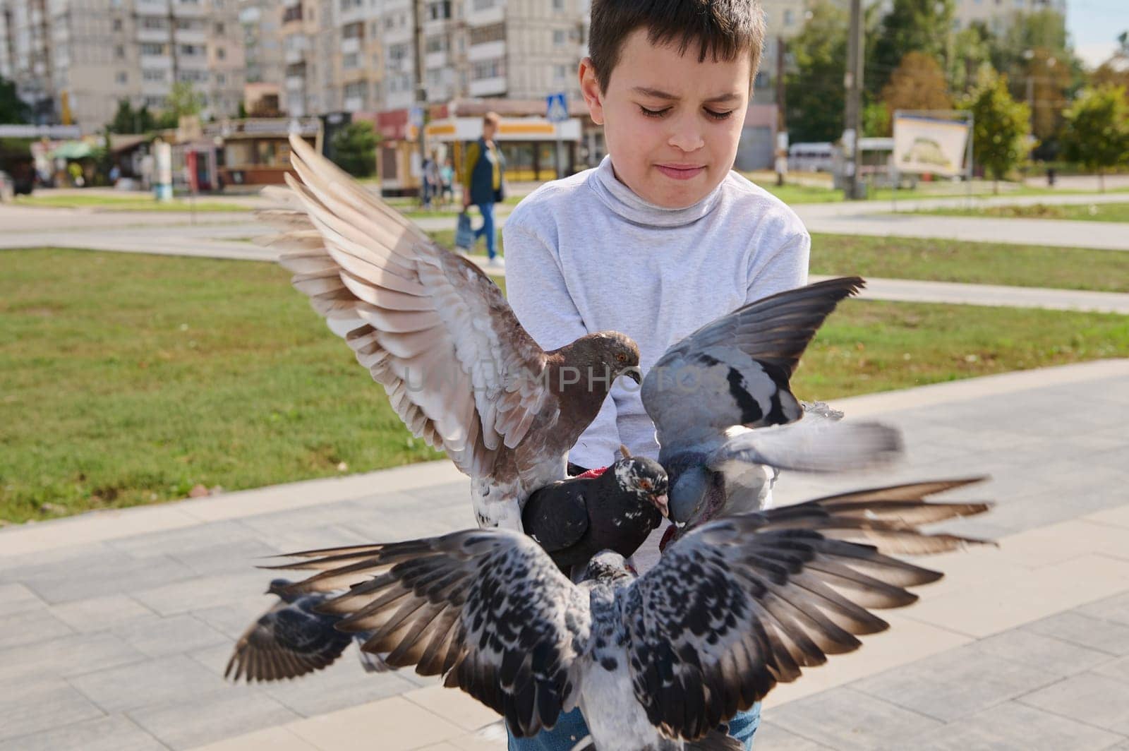Selective focus of flock of doves flying to hands of boy feeding them with seeds in town square. The concept of love, compassion, kindness and care for animals. People and nature. Lifestyle.