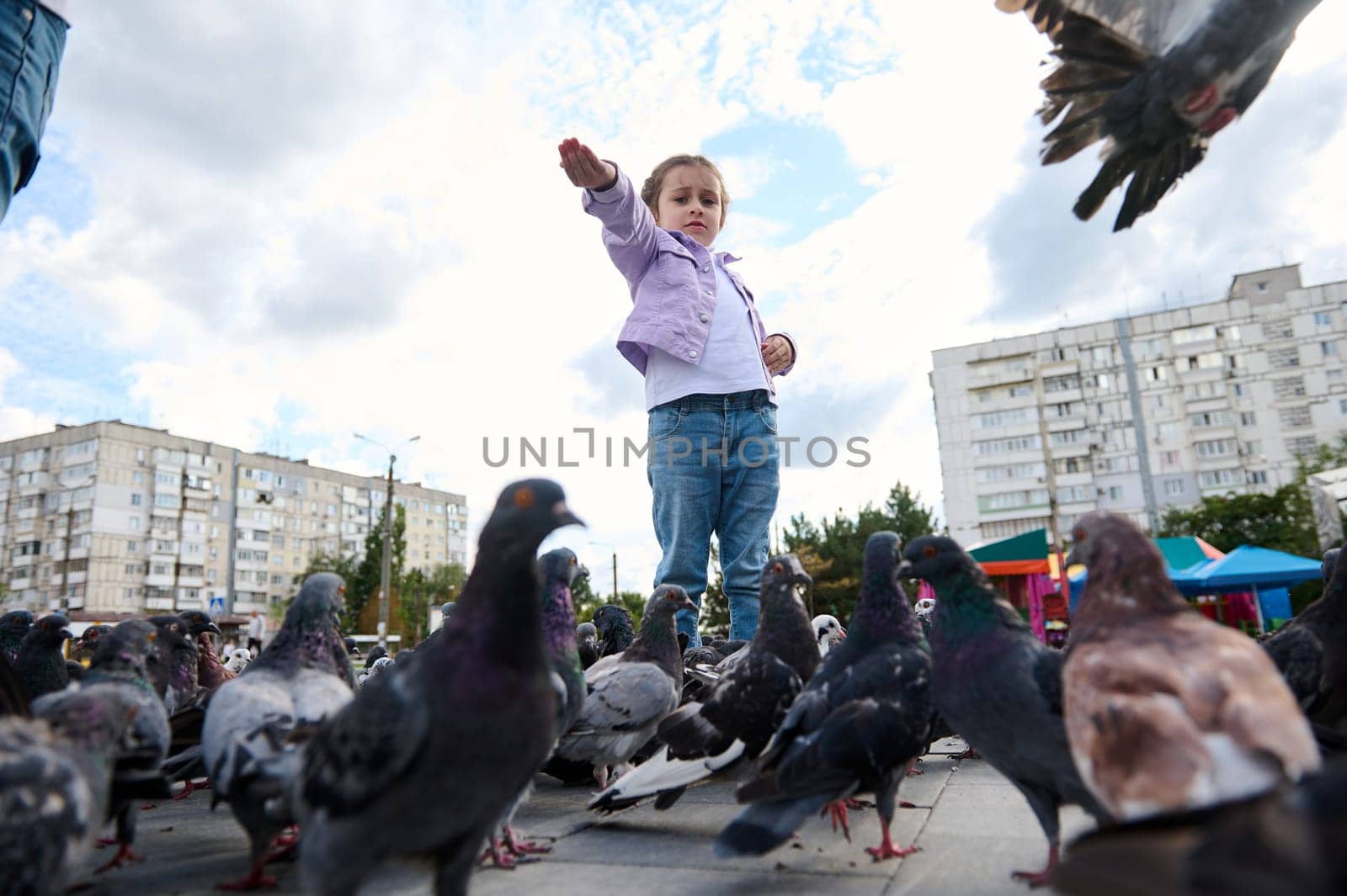 View from the bottom to a kind little child girl standing with bird seeds in her outstretched hand and feeding rock pigeons in the park square. The concept of kindness, love and care for animals.